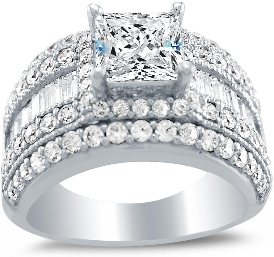 Solid 14k White Gold Large Wide Princess Cut Solitaire with Baguette and Round Side Stones CZ Cubic Zirconia Engagement Ring 3.5ct.