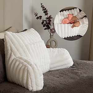 OHS Reading Pillow Ribbed Faux Fur, Heatable Pocket Super Soft Cosy Reading Cushion for Adults Snuggle Relaxing Bed Armchair Pillow Back Support, Cream