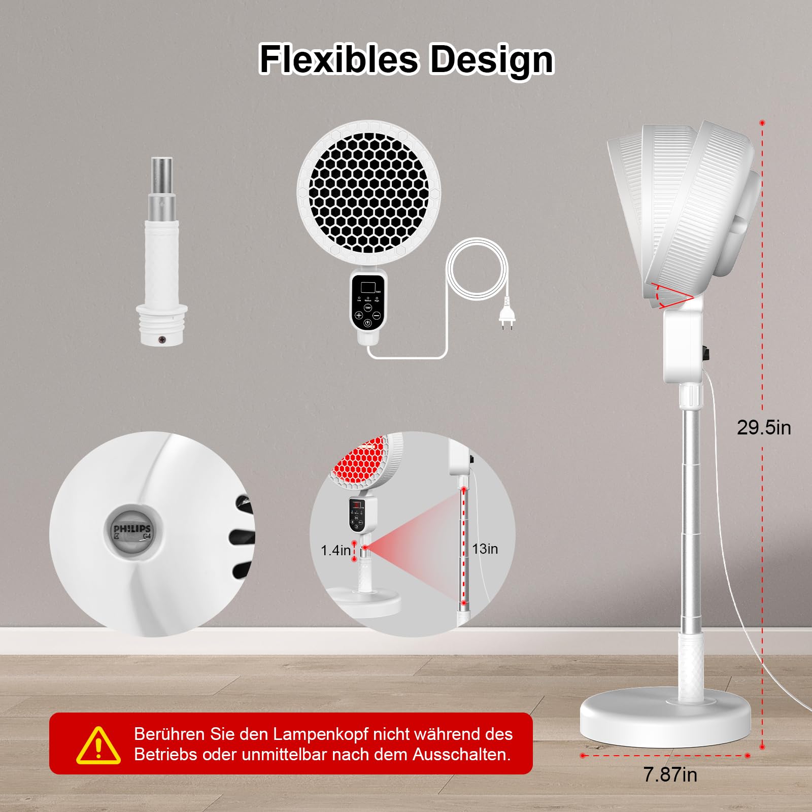 Rotlichtlampe, 220W Infrarotlampe Teleskopisch Verstellbar, mit 3 Leistungsstufen, 10–90 Minuten Timer, Automatischer Abschaltfunktion, Verstellbarem Winkel für Den Heimgebrauch