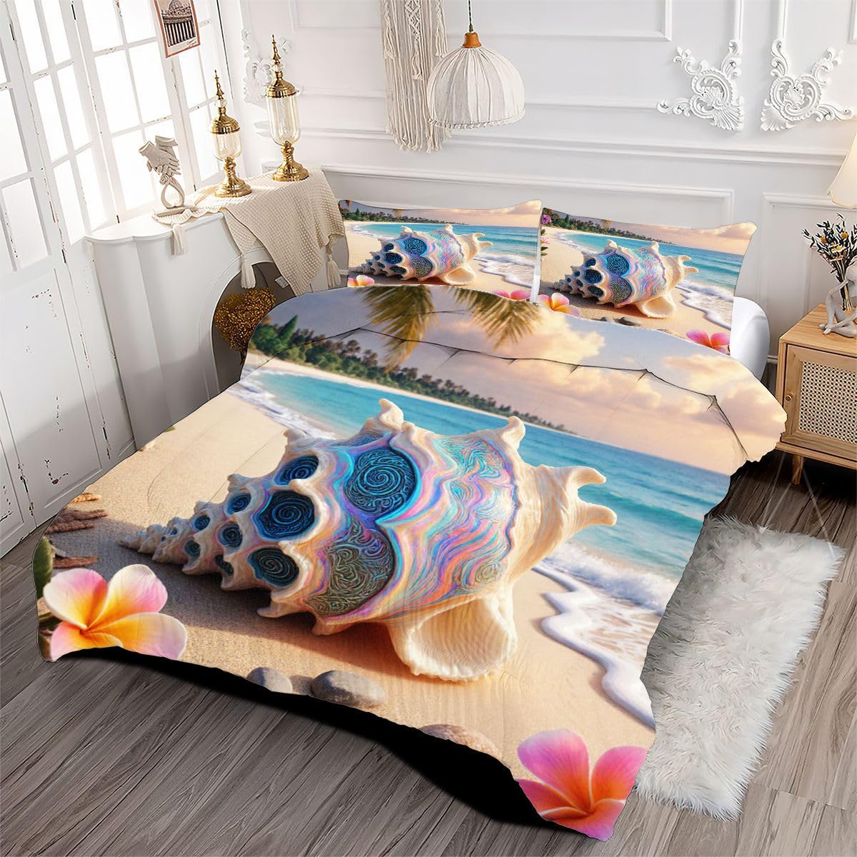 Ensemble Lit Complet 160x200 cm Coquillage Coloré, Housse en Microfibre Imprimée et Duvet Coton 4 Saisons, Comprend 2 Taies, Excellence et Qualité Supérieure, Chaud et Respirant I264-