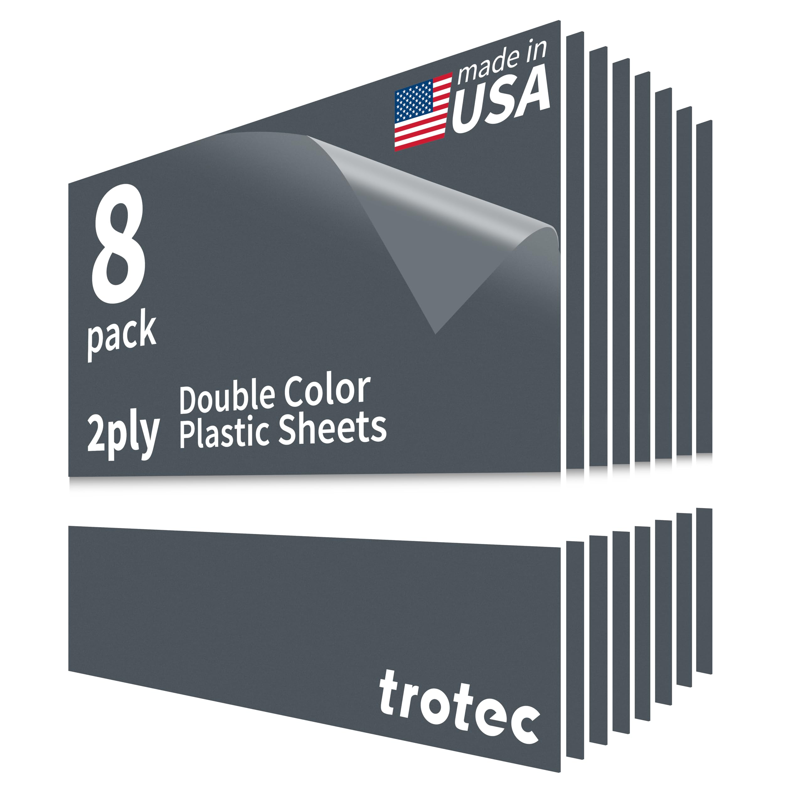 Trotec TroLase | 12"x12"x1/16", 8 Pcs | Smoke Grey/White | 2 Ply | Modified Acrylic | Laser Engraving Double Color Plastic Sheet | Engraving Blanks