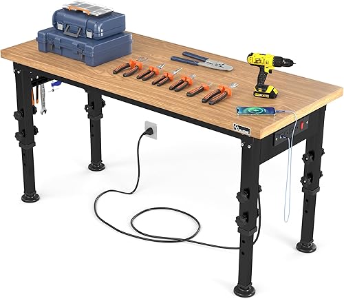 YITAHOME Banco de trabajo ajustable de 48 pulgadas de largo x 20 pulgadas de ancho para garaje con tablero de clavijas y tomas de corriente,