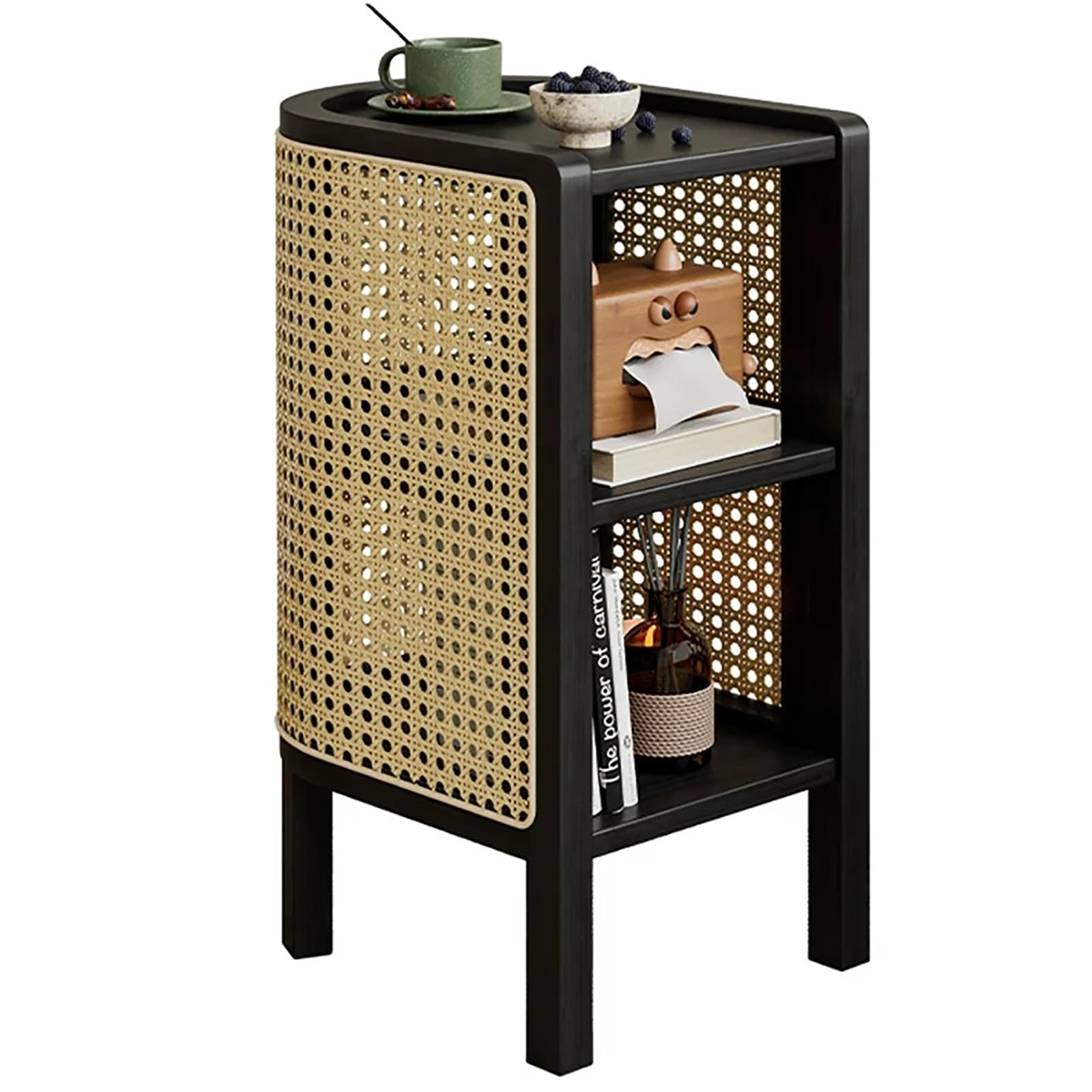SXZenSpace Rattan Nightstand End Table with Open Shelving, Solid Wood Bedside for Bedroom and Small Spaces(Black)