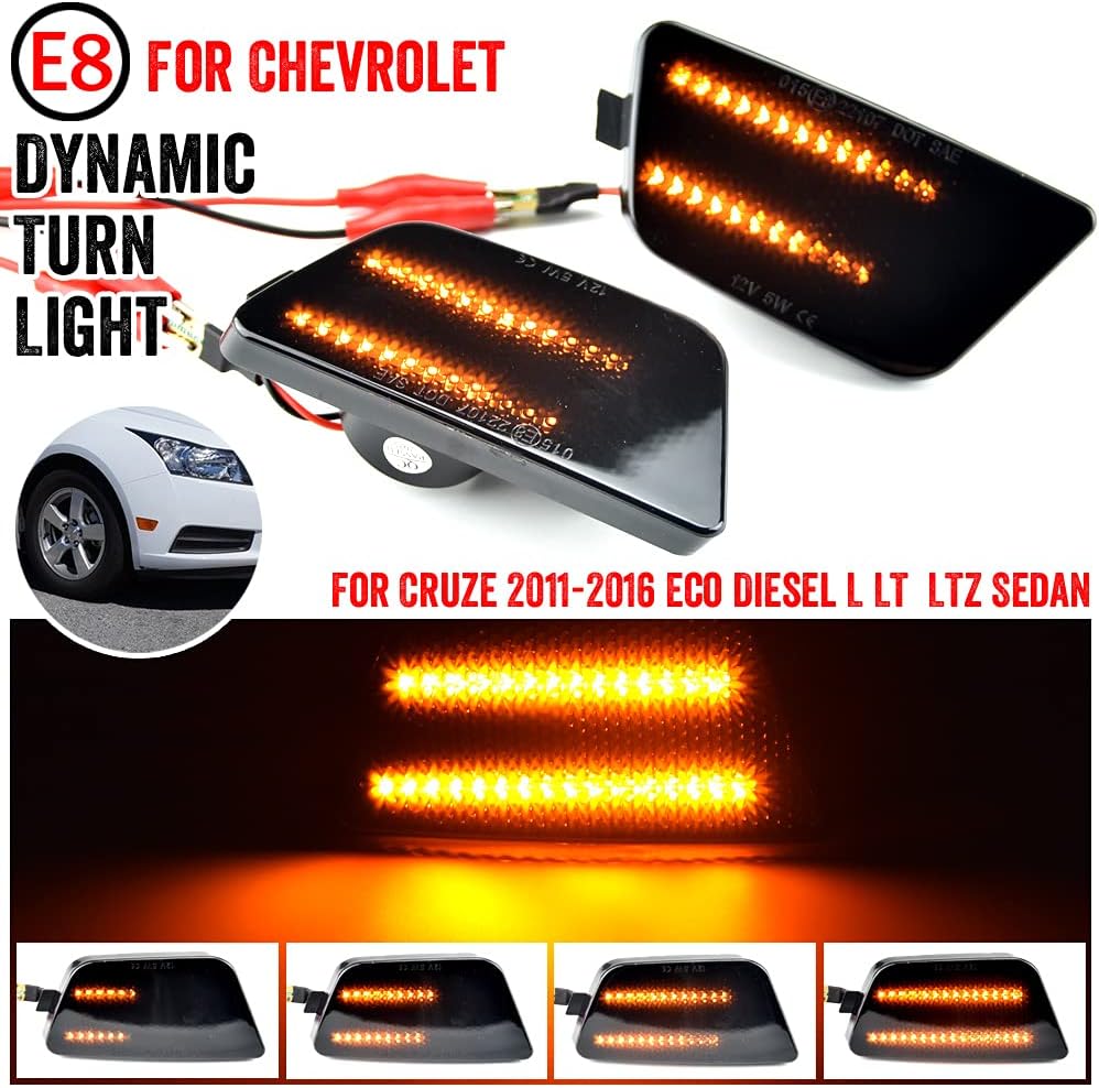 1 pair Front Fender Marker Lights Dynamic LED Side Markers Compatible with Chev-rolet Che-vy Cru-ze Diesel L LT LTZ Sedan 4-Door Sequential Blinker Lamp