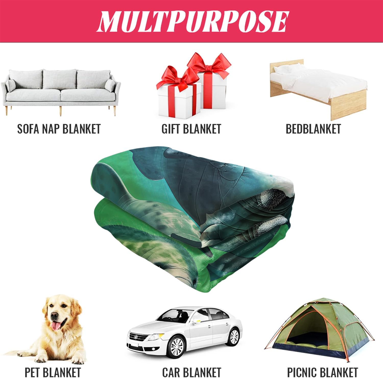 60x80 Blanket Comfort Warmth Soft Plush Throw for Couch Underwater Manatee Family Green - Image 5