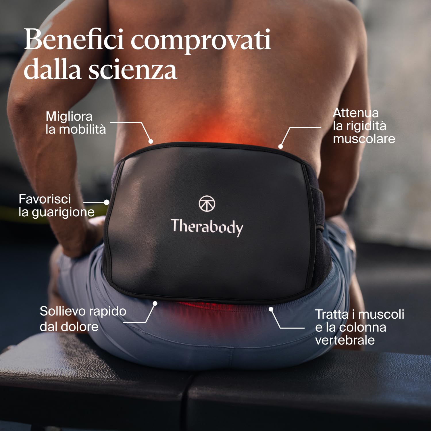 ThermBack LED di Therabody – fascia lombare 4 in 1 con terapie con calore, infrarossi lontani, vibrazione e luce LED per un rapido sollievo dalla tensione nella zona lombare.