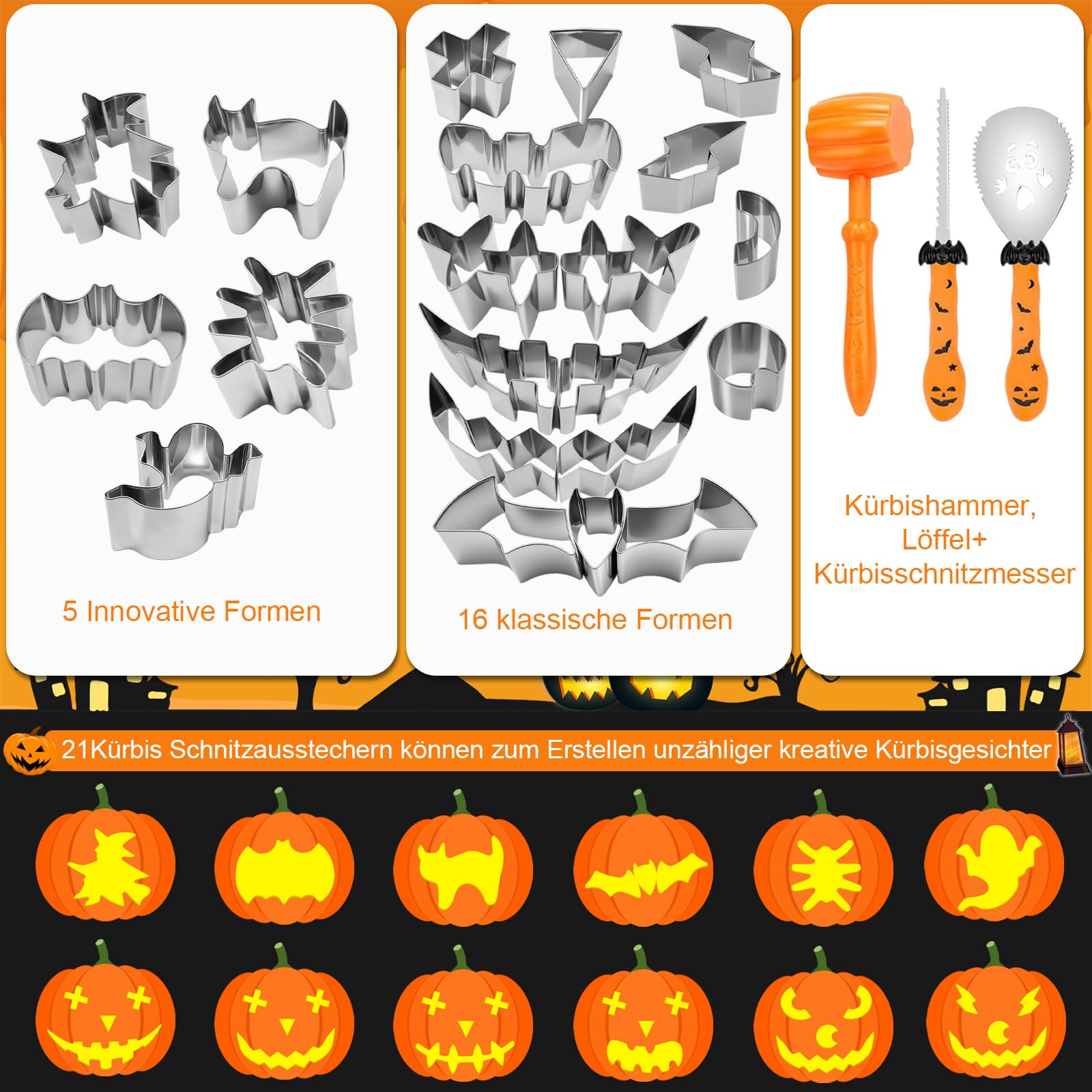 Kit Sculpture Citrouille Halloween 24 Pièces - Emporte-pièces Inox, Marteau, Outils DIY - 6