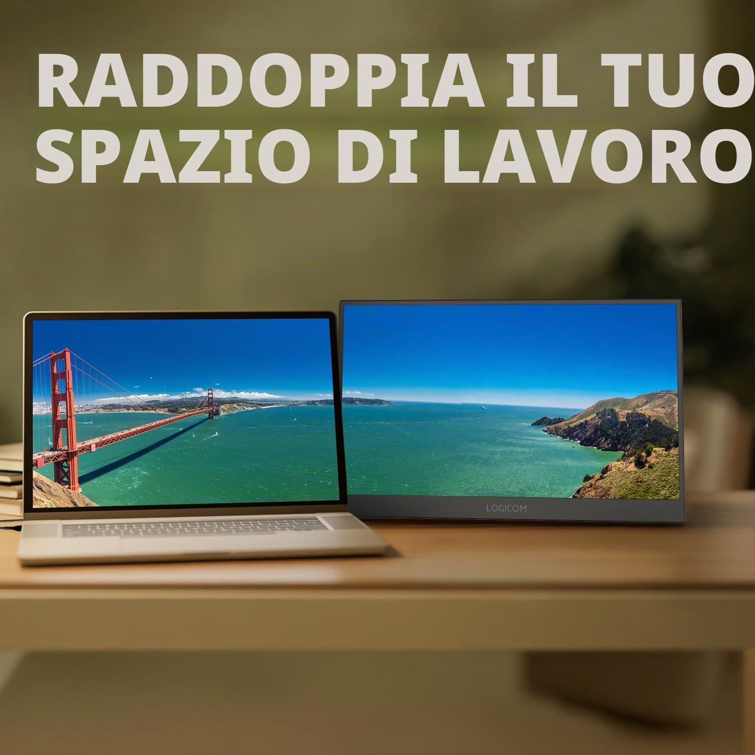 Logicom - Monitor Portatile, Schermo Portatile 15.6" 1920×1080 FHD IPS per Laptop con Cavalletto, Secondo Schermo Ultrasottile per Laptop/PC/Mac/PS3/4/5/Xbox - Connettività USB C e HDM - Nomad Display