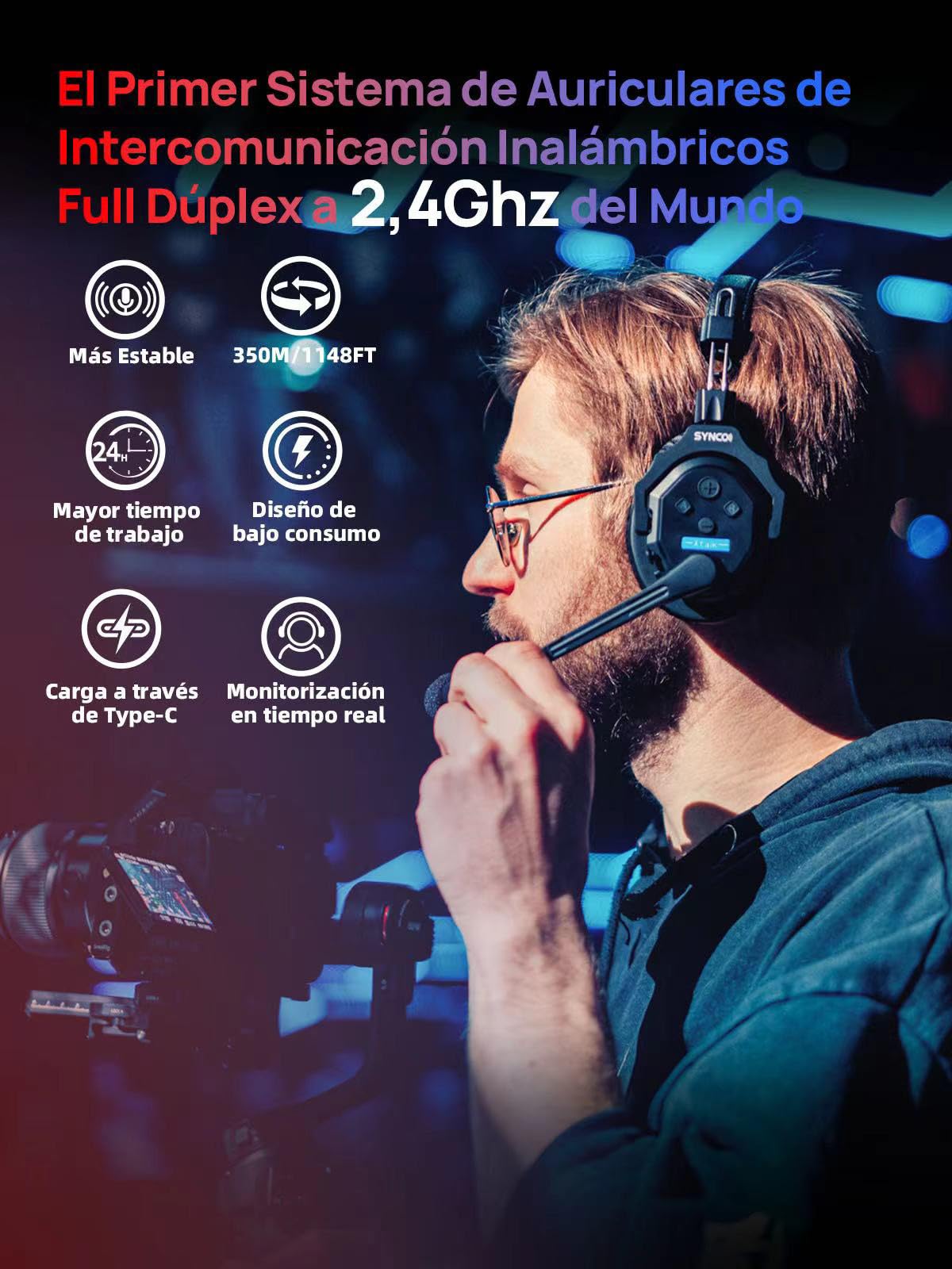SYNCO Auriculares Intercomunicadores Inalámbricos, XTALK X5 2.4GHz Auriculares Inalámbricos Full Duplex con Comunicación de 24H 350M, Sistema de Intercomunicación con Monitoreo en Tiempo Real