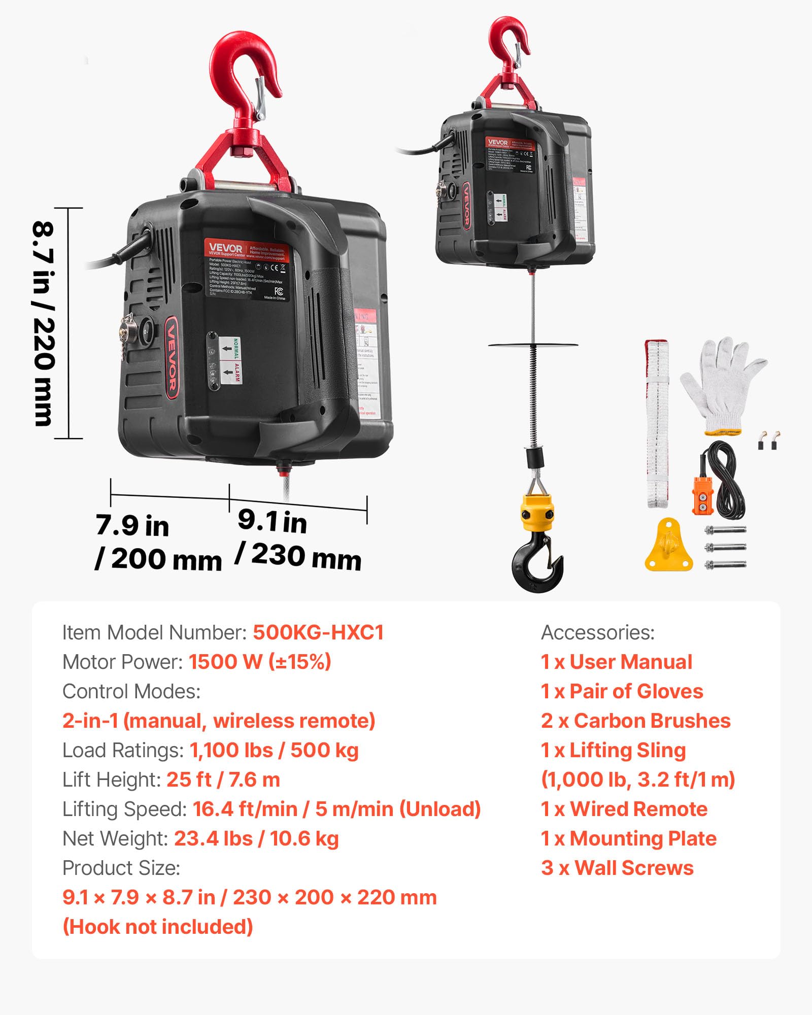 VEVOR Cabrestante Eléctrico 2 en 1, Capacidad de 500 kg, 1500 W, Altura de Elevación de 7,6 m, Velocidad de 5 m/min con Control Manual y Remoto por Cable, para Fábricas, Almacenes y Talleres