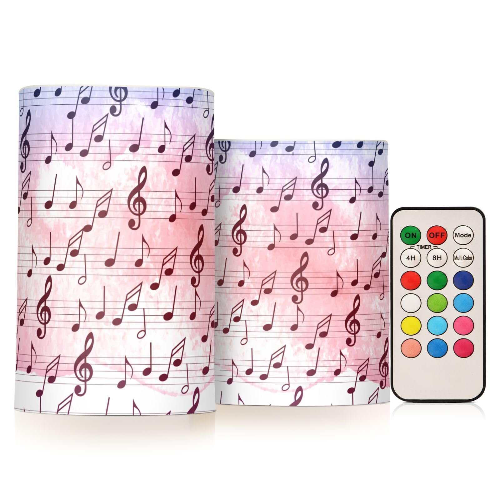 Watercolor-Full-Musical Notes Print Flameless Pillar Plastic Led Candles, Battery Operated with Remote/Timer Color Changing Soft Light, Set of 2 for Festival, Wedding,Home Party Decor