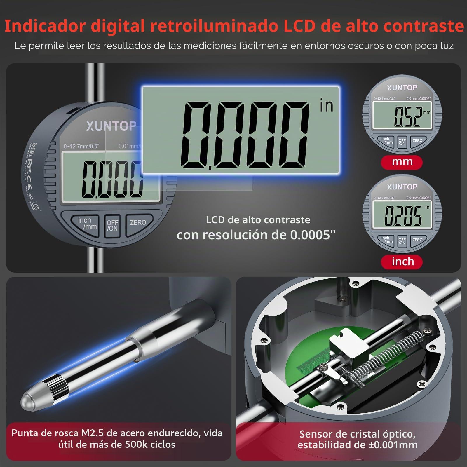 XUNTOP Indicador de Diámetro 50-160mm/2-6pulgadas Indicador de Cuadrante Digital 0,01mm/0,0005pulgadas Indicador de Dial con 12 Especificaciones Diferentes de Calibre para Mecanizado, CNC, Automotriz