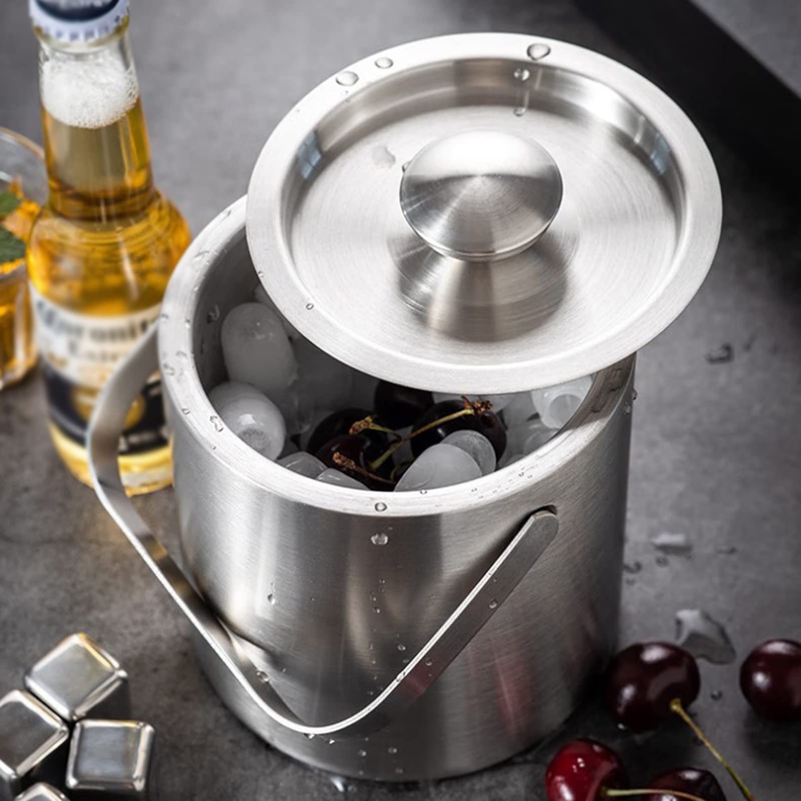 Eiskübel, doppelwandiger Eiskübel aus Metall mit Deckel, 1,3 l, isolierter Eiskübel aus Edelstahl für die Bar, Wein, Zubehör für die Hausbar, Partys, Champagnerkübel, Eiskübel aus Edelstahl, Getr