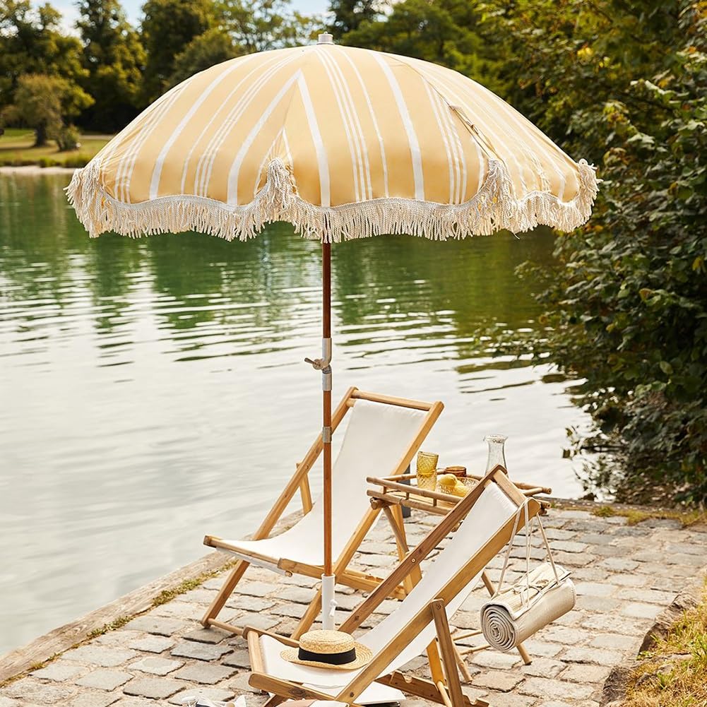 Duży Parasol Plażowy 6,5 Stopy Z Frędzlami, Uchylny, Paskowany Parasol Tarasowy Z Drewnianym Drążkiem, Ochrona Uv, Przenośny, Ogrodowy, Z Frędzlami I Torbą Transportową
