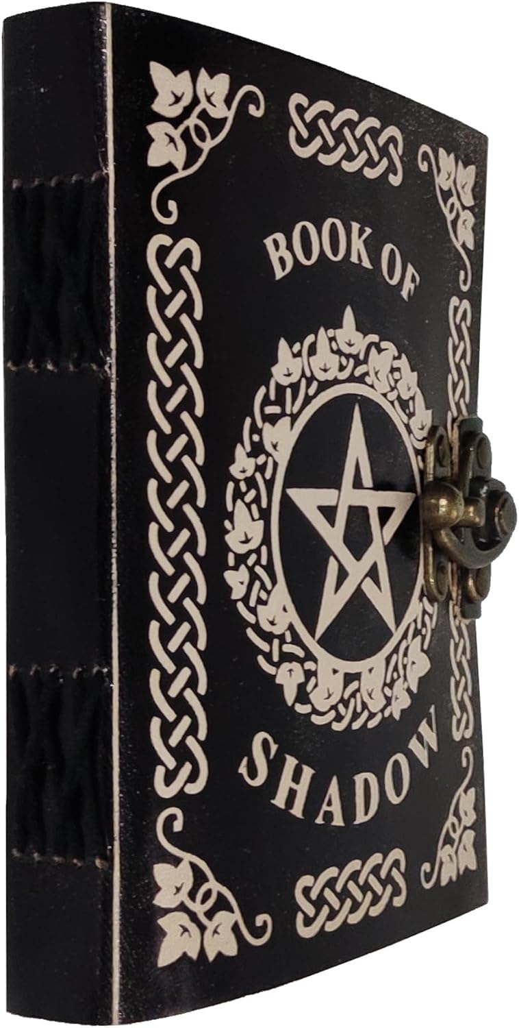 Purpledip Leather Diary Journal With Print 'Book Of Shadow': Handmade Tree-Free Cotton Paper With Deckled Edges In Antique Finish, Vintage Lock, 7 * 5 Inches, 188 Pages, Eco Friendly Gift (12729)