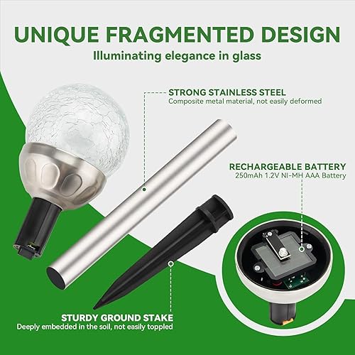 Miniatura 6 de Luces solares para exteriores, paquete de 6 luces LED que cambian de color, acero inoxidable, IP66 impermeable, luces solares de jardín de cristal