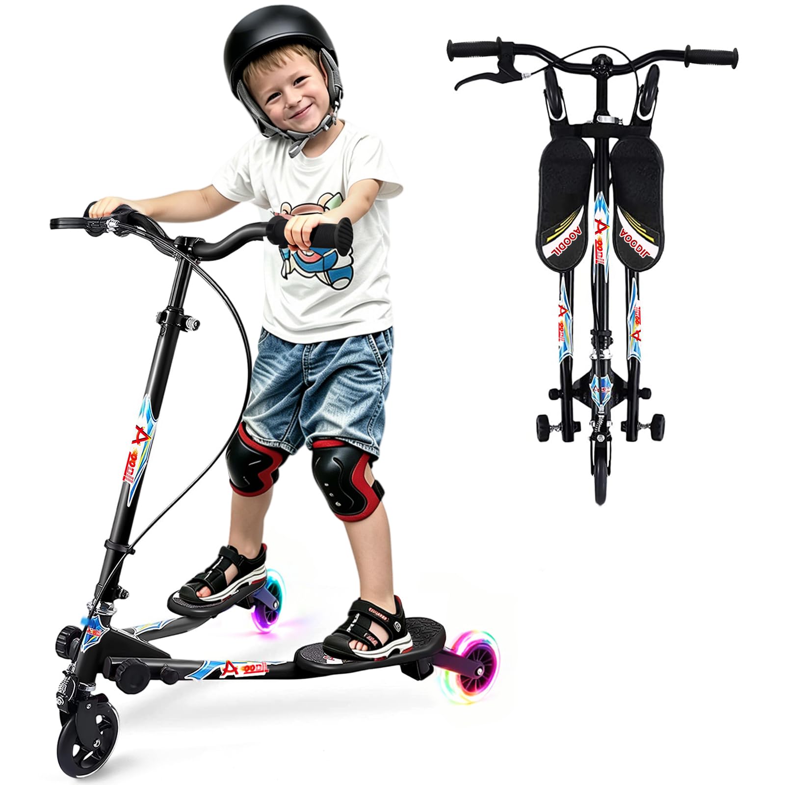 Swing Scooter für Kinder, 3 Räder Faltbar Wiggle Kick Scooter Push Drifting mit 4 verstellbaren Lenker & 2 hintere LED Rad für Jungen und Mädchen im Alter von 3-8