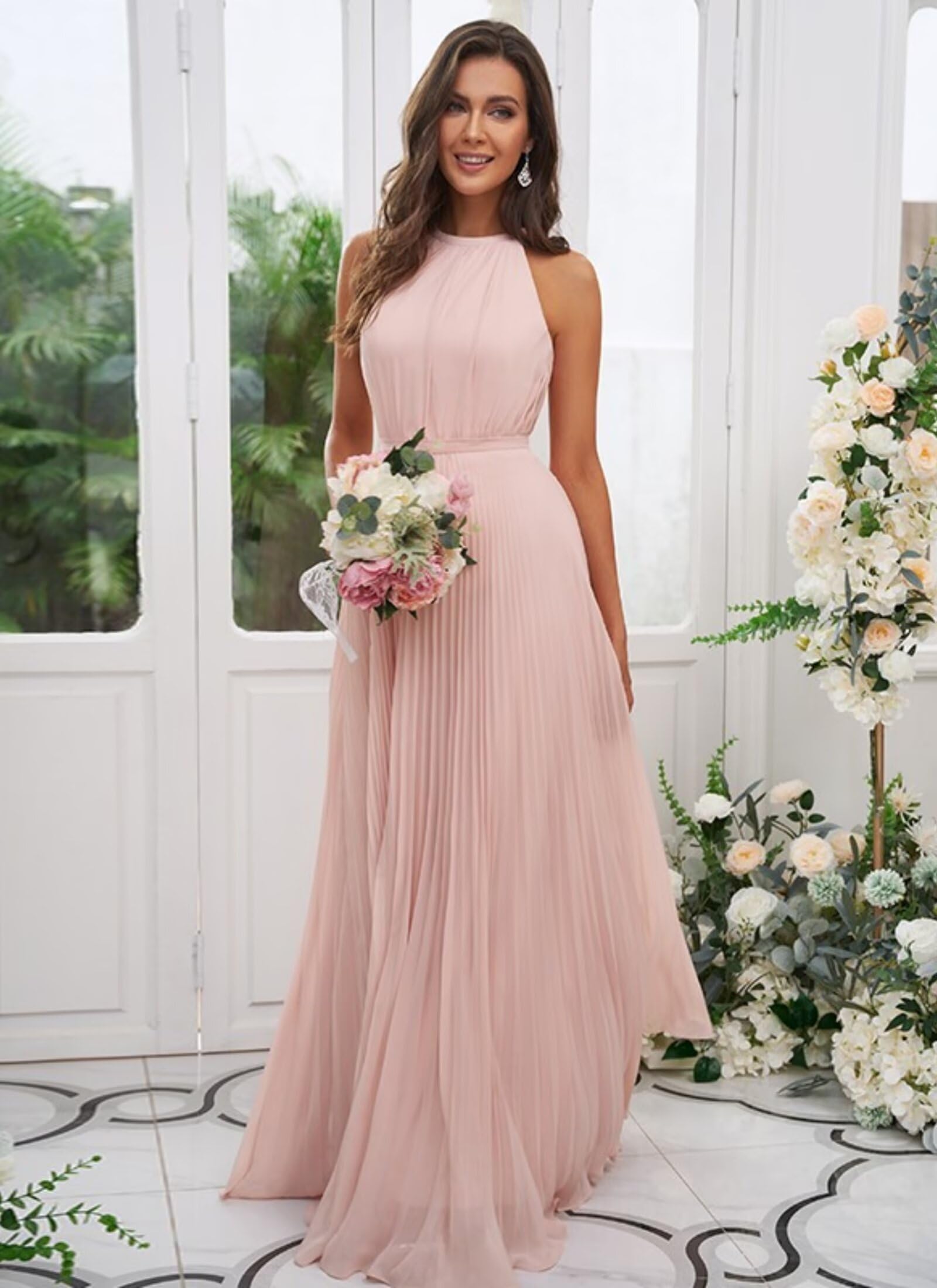 JAEDEN Abendkleid Damen Lang Elegant für Hochzeit Neckholder Brautjungfernkleider Chiffon Festliches Party Kleid Gold 36
