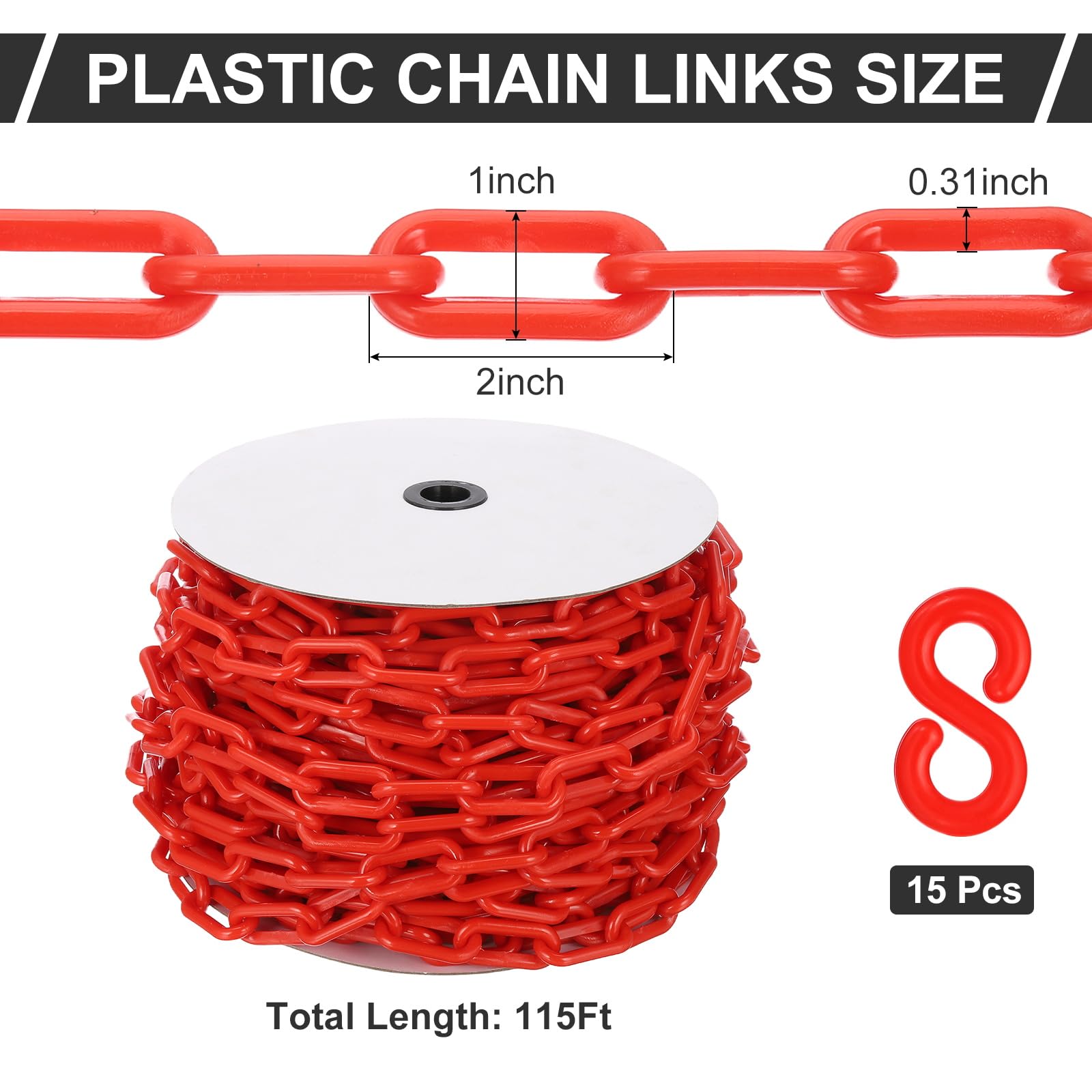 PATIKIL Cadena de plástico rojo, 115pcs 8mm Cadena de barrera de seguridad de plástico grande Larga para control de multitudes, estacionamiento, cerca