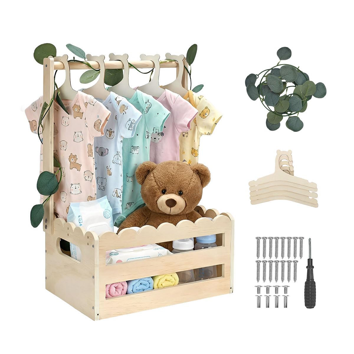 Simabsie Wooden Baby Shower Crate with Hangers, Wave-Edge Storage Basket
