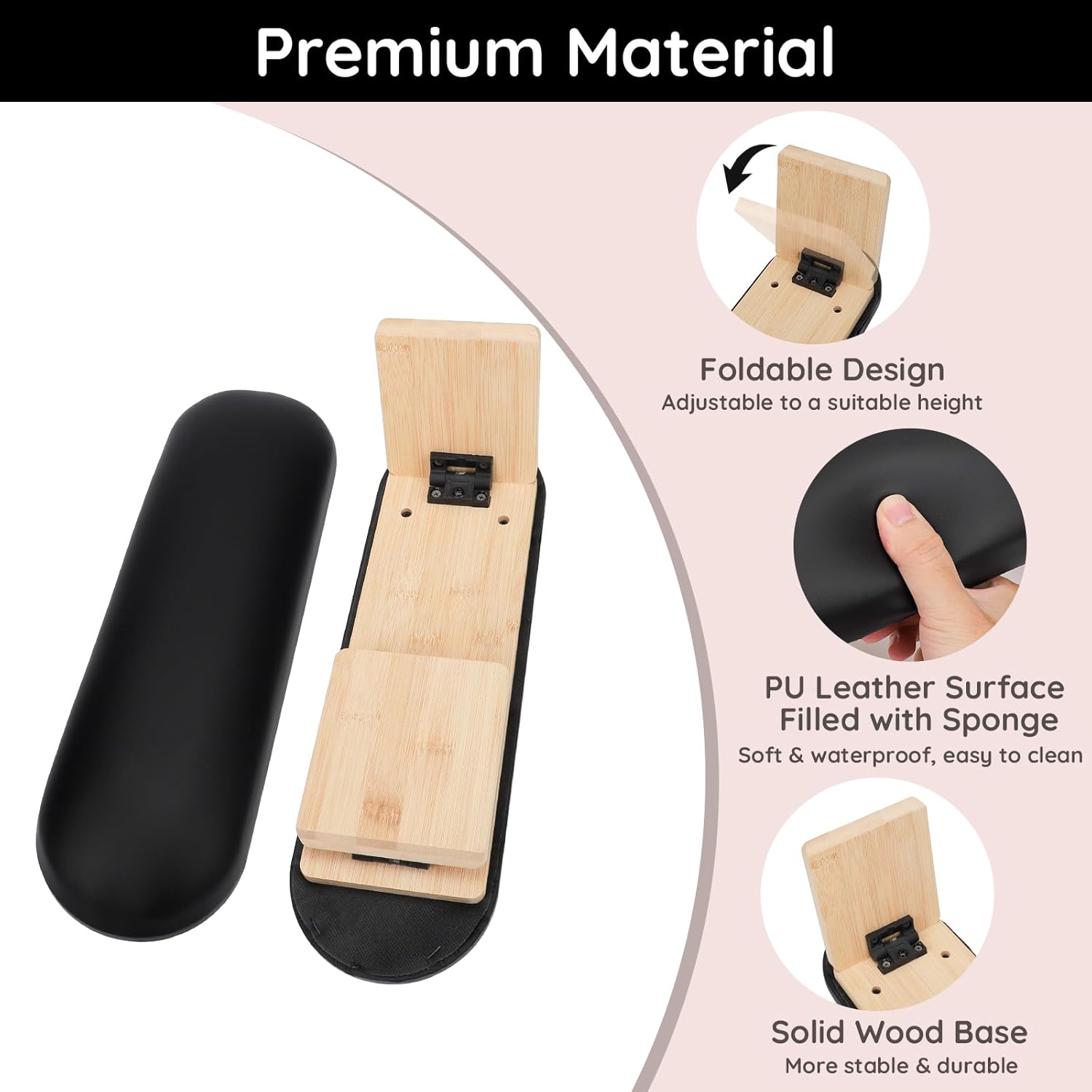 Segbeauty Folded Nail Arm Rest, Adjustable Wood Nail Hand Rest with PU Leather, Black Professional Manicure Hand Pillow for Nails Tech Must Haves Manicure Arm Table Stand Nails Salon Art Accessories