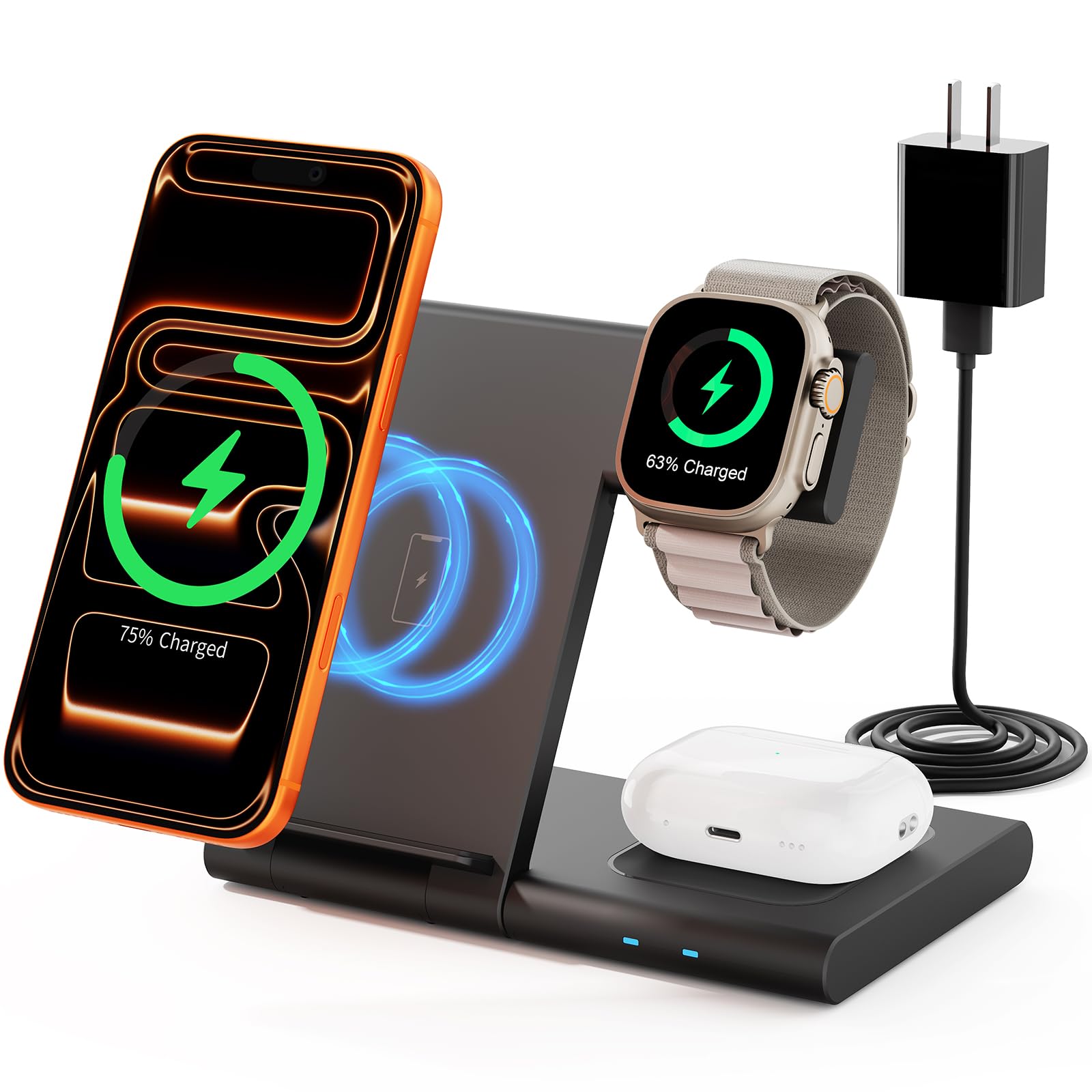 Caricabatterie wireless 3 in 1 per iPhone, stazione di ricarica wireless per più dispositivi Apple (nero grigio)