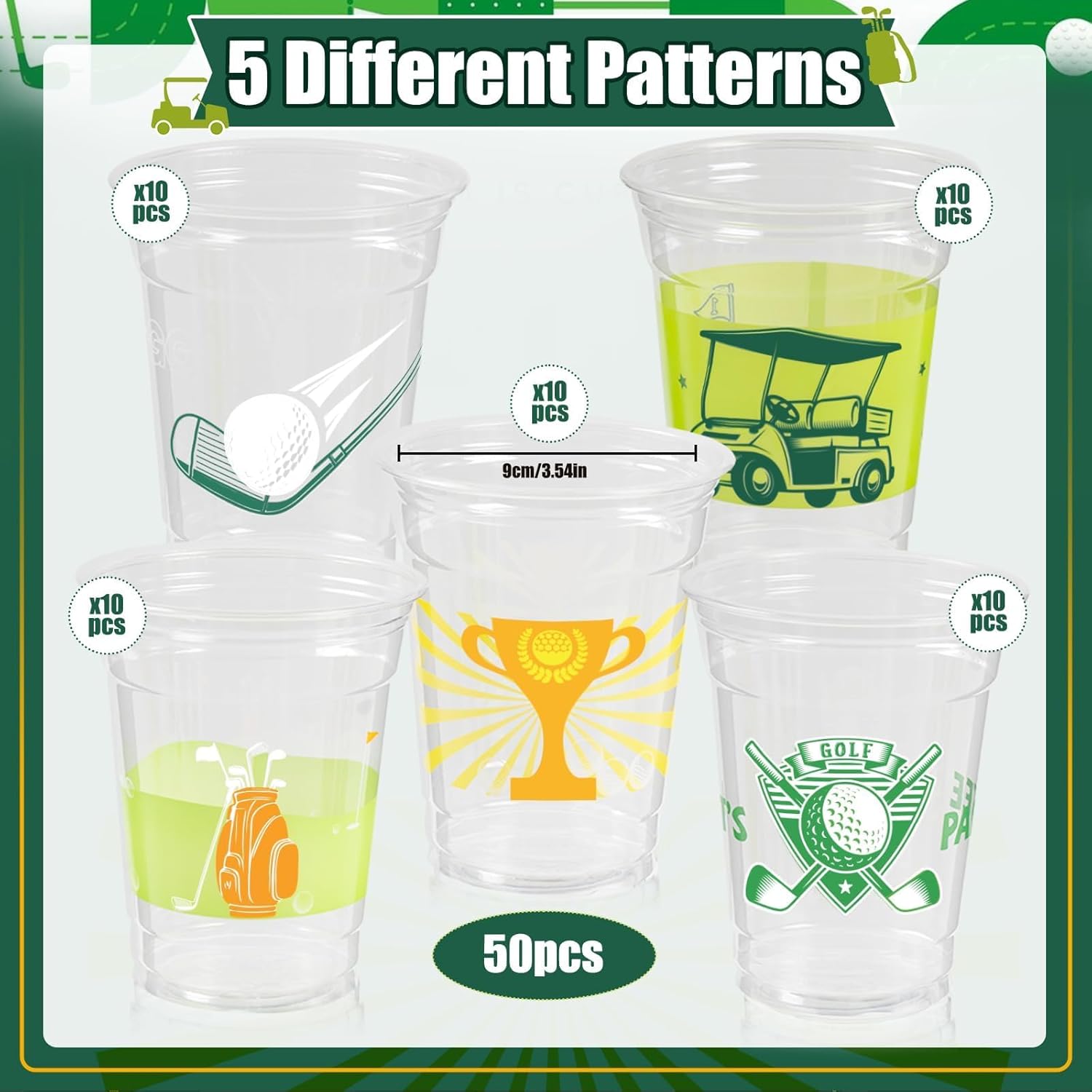 GuassLee 50 Pack Golf Ball Party Cups - 12oz Clear Plastic Drinking Cups, Green Disposable Masters Golf Birthday Bachelor Party Decorations Supplies - Image 5