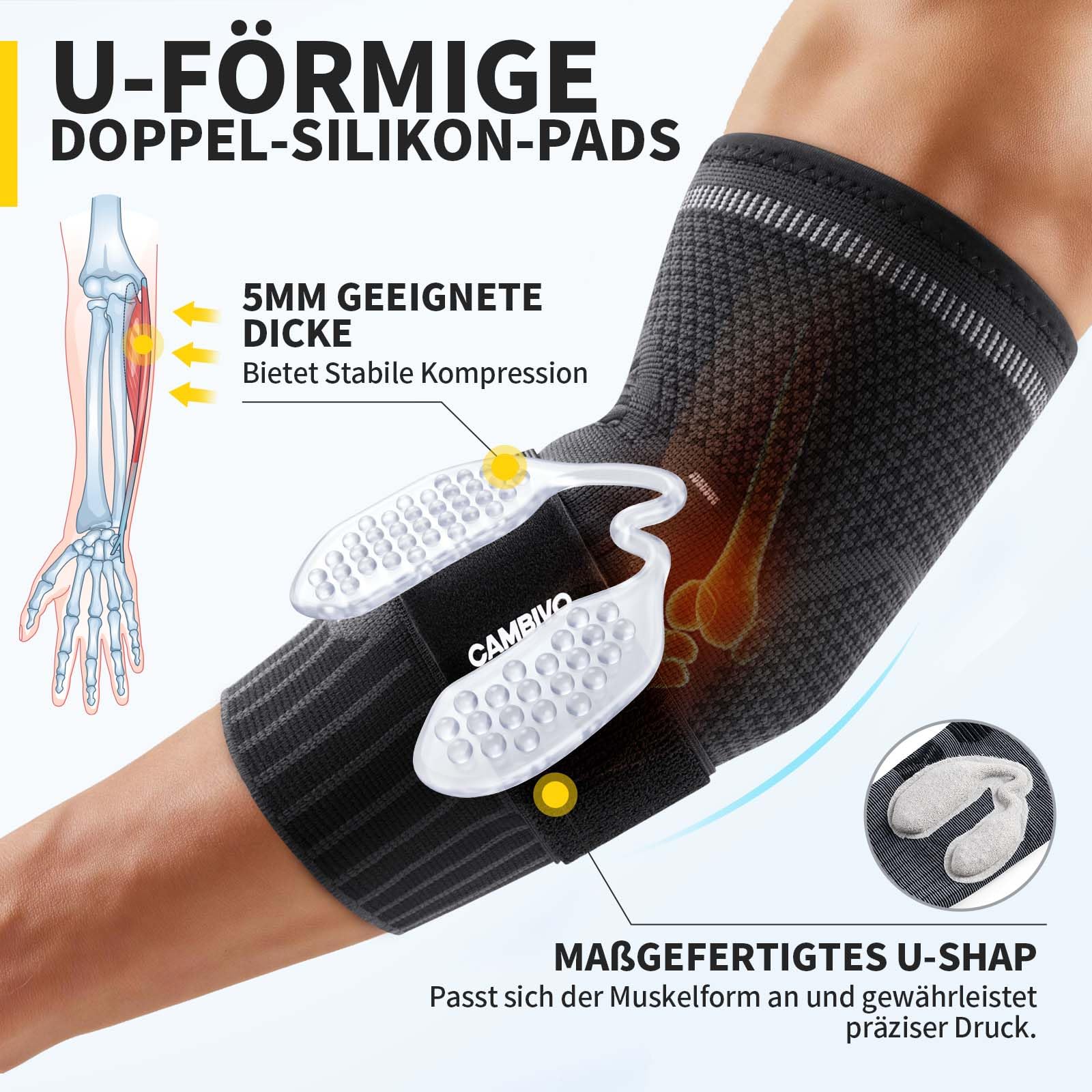 CAMBIVO Ellenbogenbandage mit Dual Silikonpolster für Tennisarm & Golferarm, Kompressions Arm Sleeve mit Verstellbarem Riemen, Bandage Ellenbogen Herren Damen für Sport & Schmerzlinderung