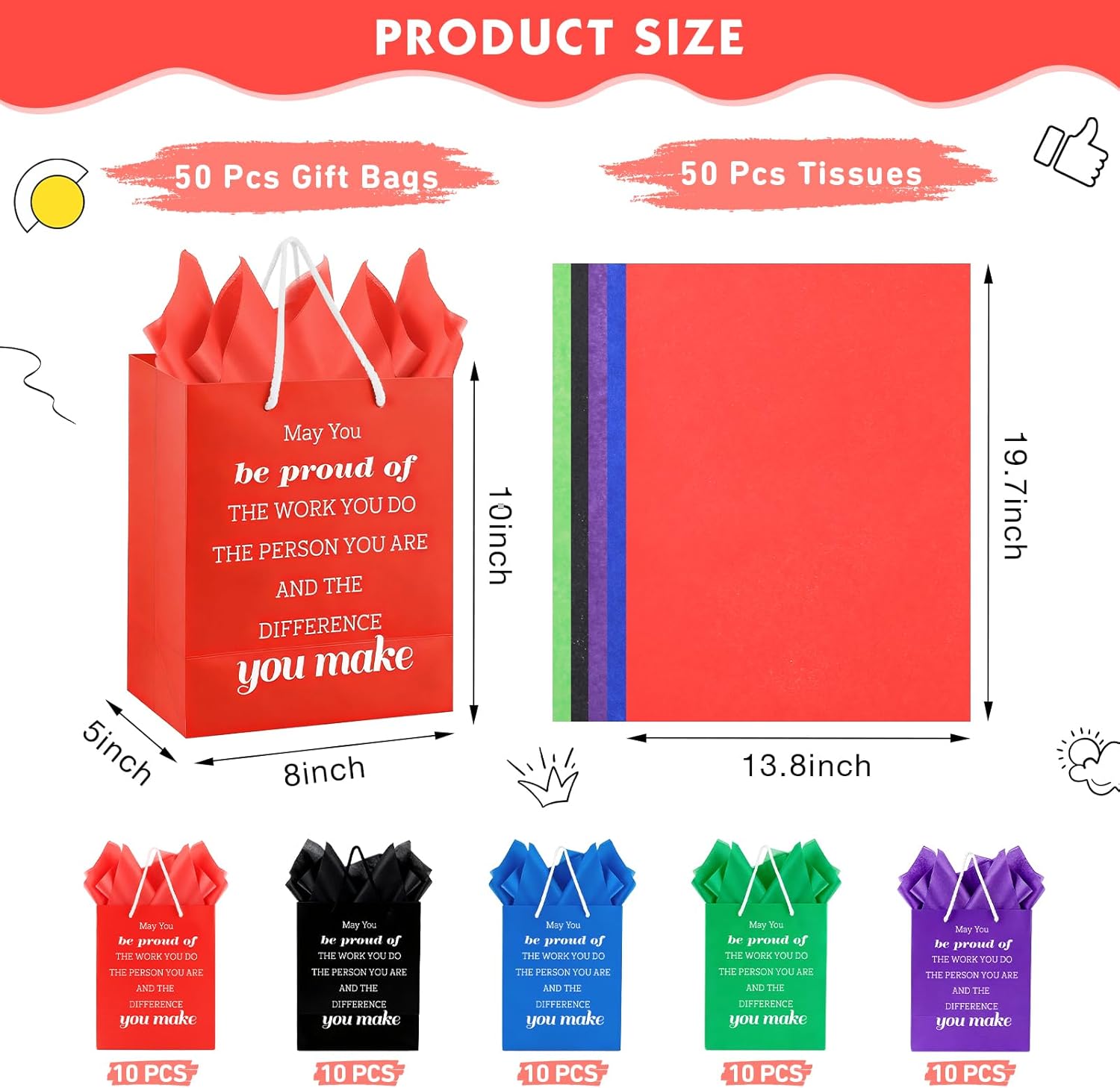 Addblu 100-Piece Christmas Employee Appreciation Gift Bags Bulk - Set Includes 50 Luxury Team Bag (8x5x10 Inches) & 50 Tissue Papers, for Staff, Coworkers, Teacher, Thank You & Valentine‘s Day Gifts (5 Colors, 50 Pcs)