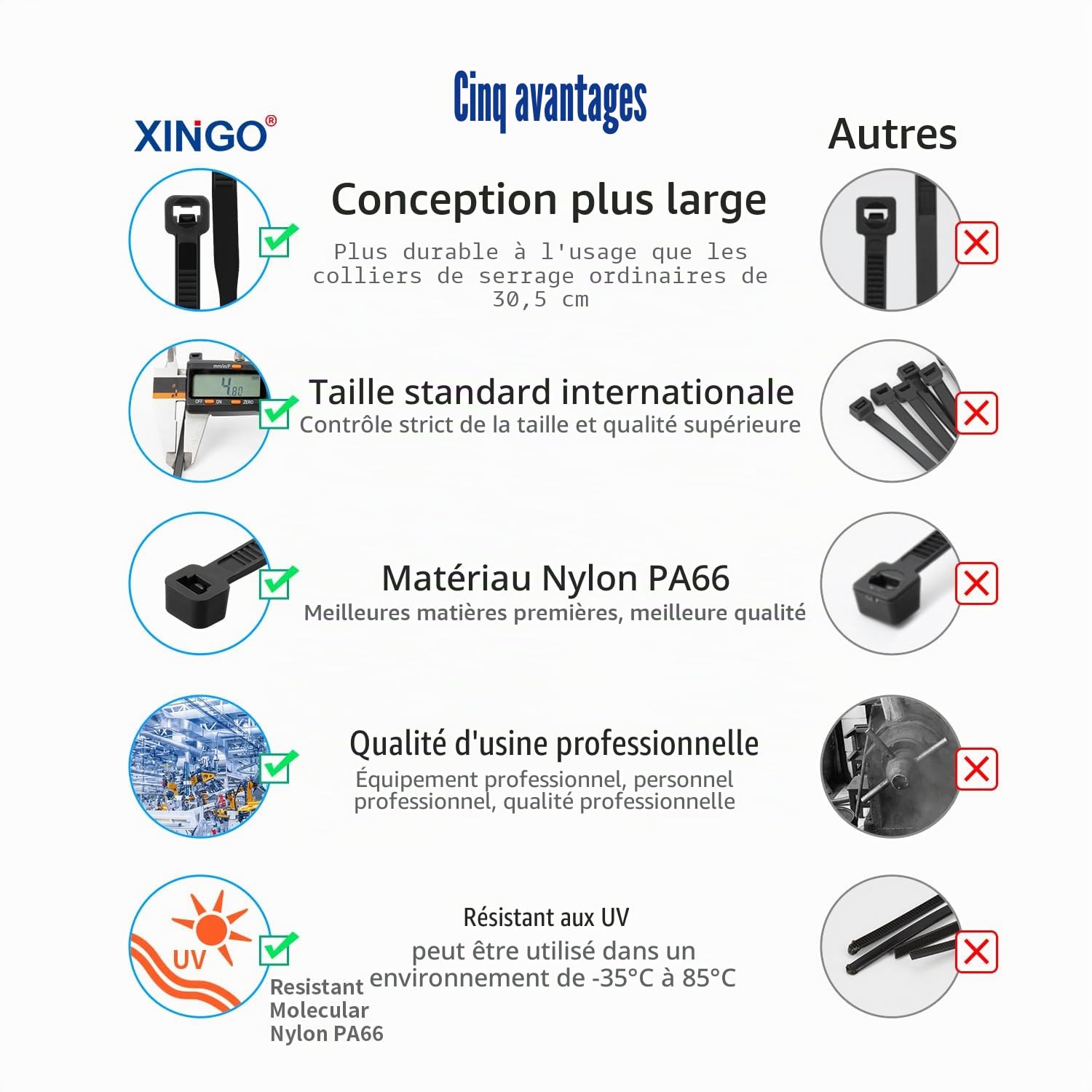 XINGO 1200 Pièces Noir Colliers de Serrage professionnelles, 300mm x 5.8mm, Autobloquant, Attache Câble Résistant aux UV, Idéale pour l'intérieur et l'extérieur