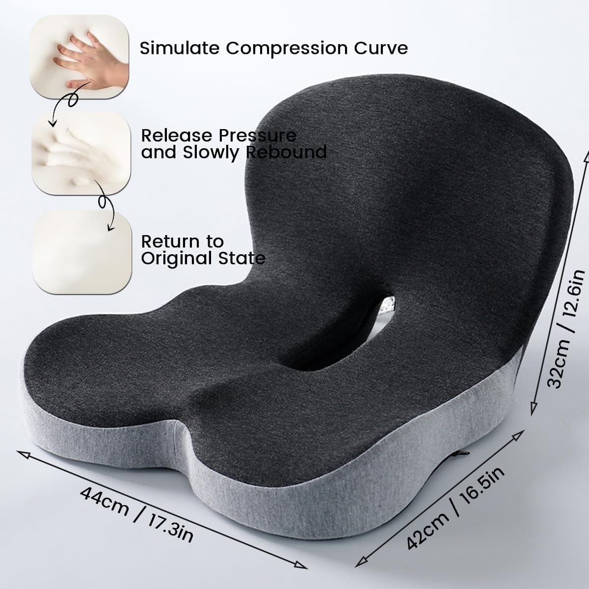 gresonic Cuscino per sedile in memory foam ad alta densità, design ergonomico per il massimo sollievo dal dolore alla schiena e alla sciatica (nero&grigio)