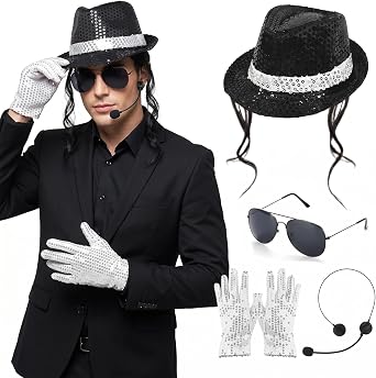 TICIFEN Pop Star Costume Accessories Set Black Sequin Hat Fake Mic Sunglasses Gloves for 80s 90s Rock Star Cosplay Halloween