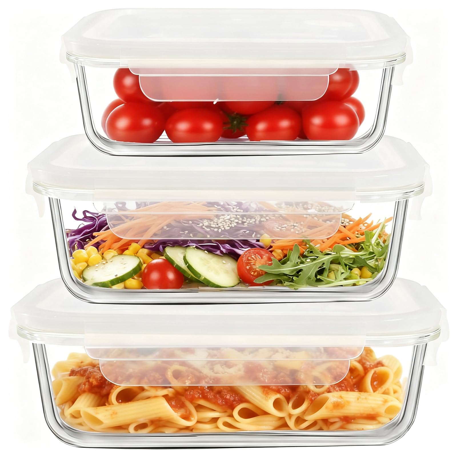 Frischhaltedosen aus Glas mit Deckel, luftdicht, Salatbehälter für Mittagessen, Mahlzeiten, Zubereitung und Reste für Mikrowelle, Ofen, Gefrierschrank und Spülmaschine, 425 ml, 680 ml, 1050 ml
