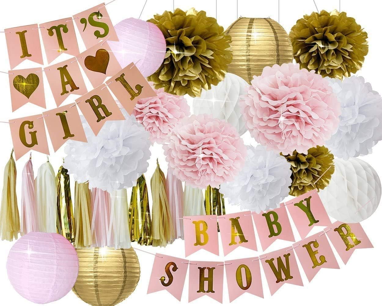 KCHEX 40 Pcs Baby Shower Decorations & White Tablecloth, Its A Girl & Baby Shower Banners, with Colorful Pompoms, Paper Lanterns, Balloons, Honeycomb Balls