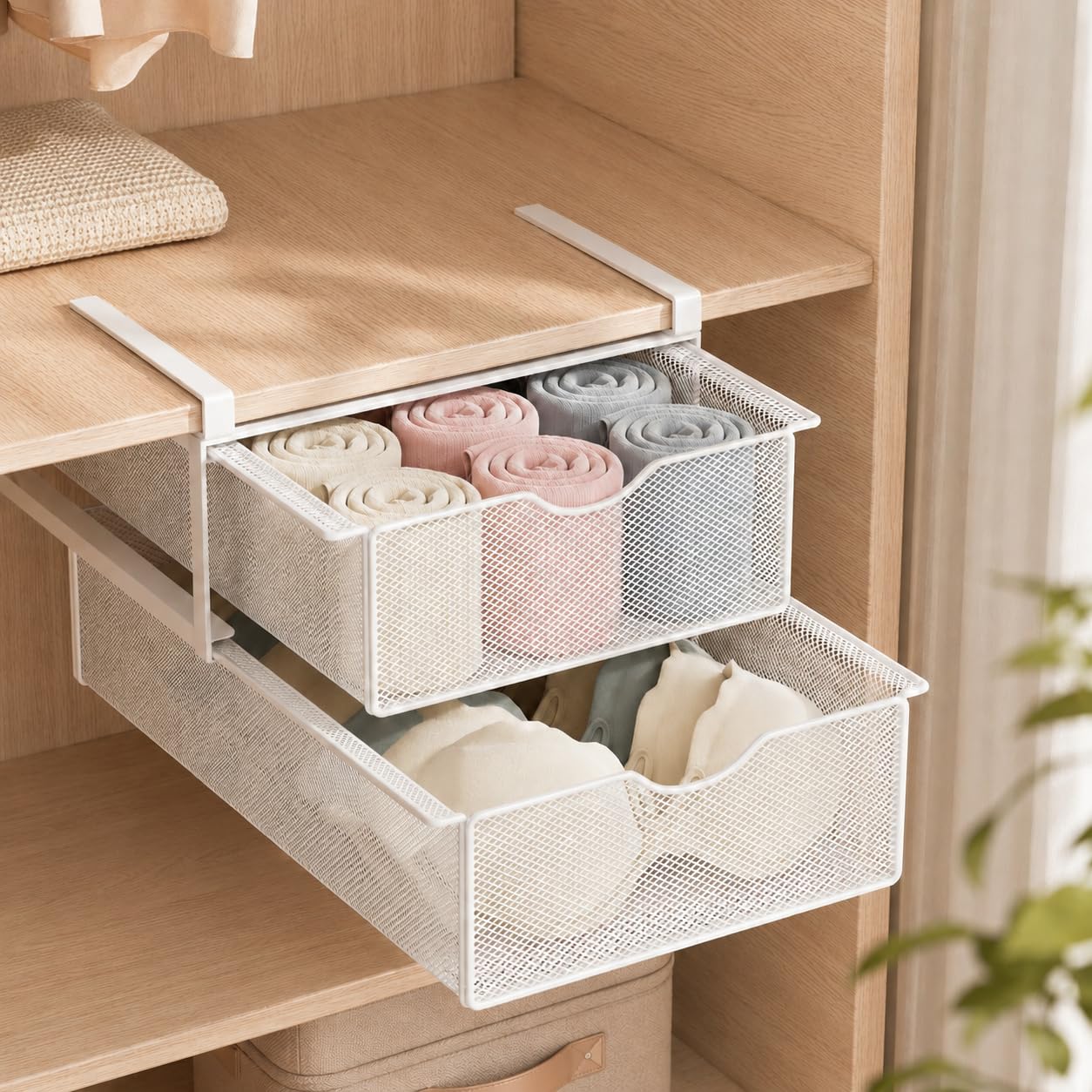 Unterwäsche-Schubladen-Organizer für Schrank, Hängender Ausziehbarer BH-Socken-Lingerie-Aufbewahrungskorb - Doppelschichtiger Mesh-Unterwäsche-Organizer