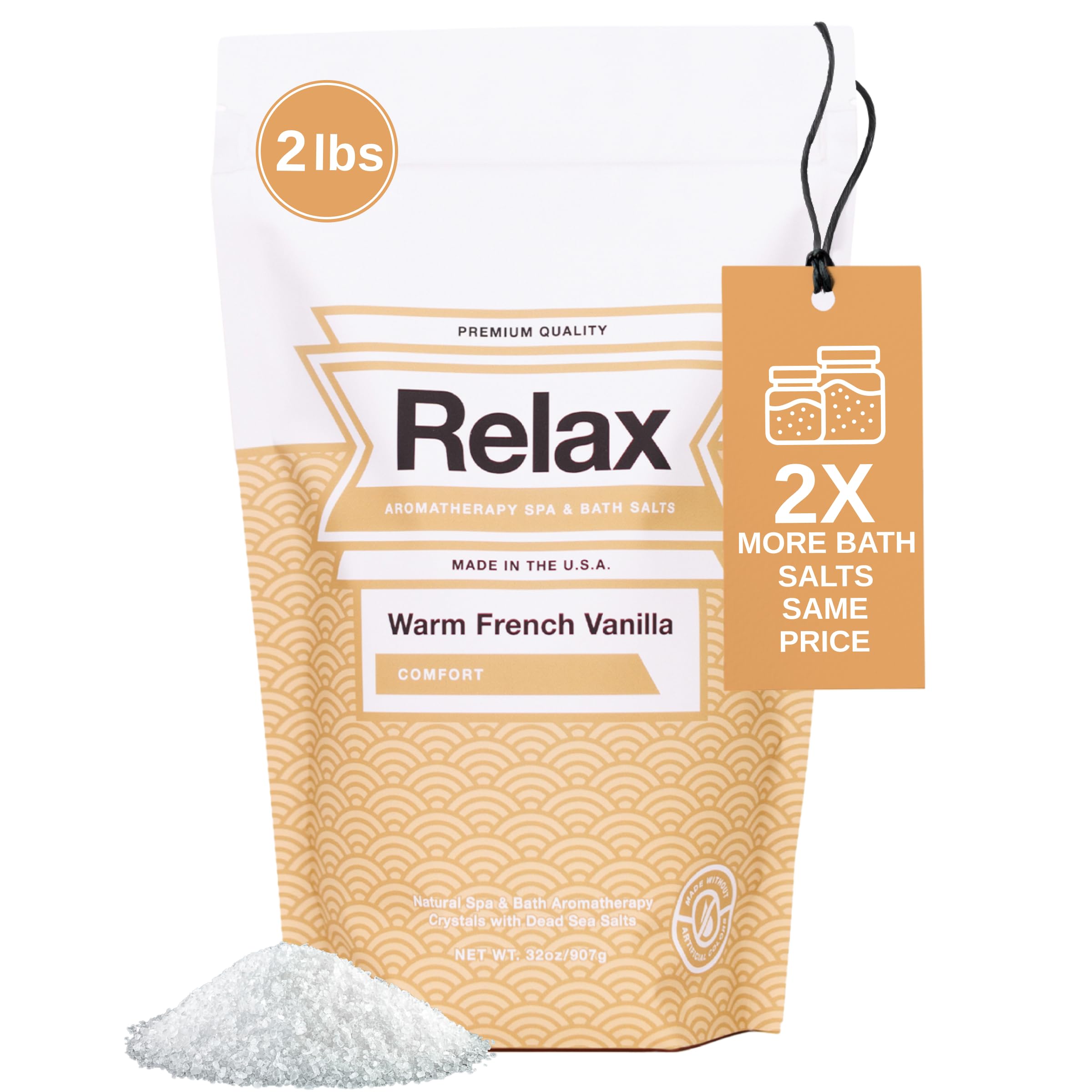 Relax Spa & Bath Sales de baño de aromaterapia para jacuzzi, baño o spa, bolsa de 0,9 kg infundida con magnesio, sal de baño para remojo, aroma cálido de vainilla francesa