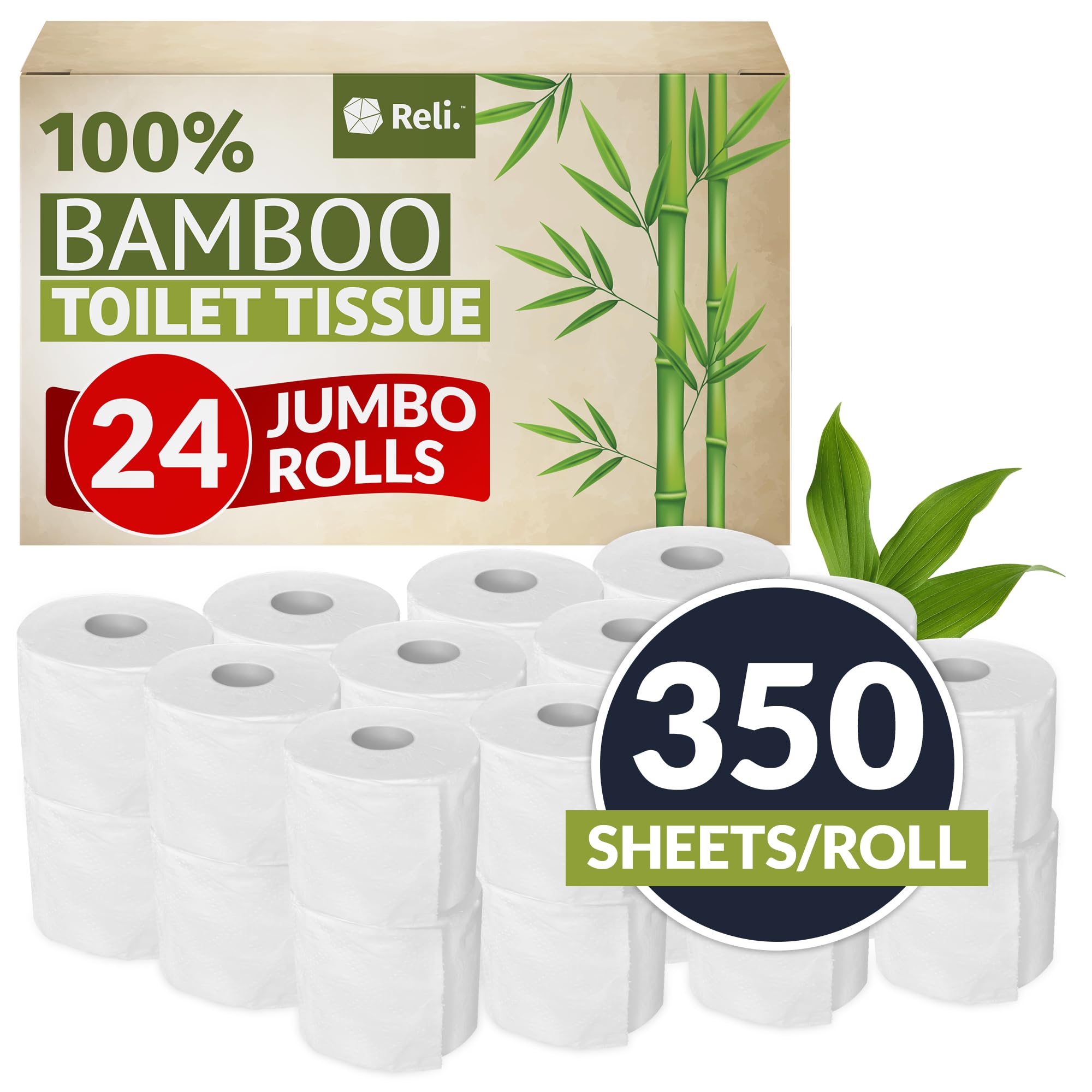 Reli. Bamboo Toilet Paper (24 Jumbo Rolls) | Organic & Chemical Free | For Bathroom Use | Gentle on Skin | 8400 Sheets T 
