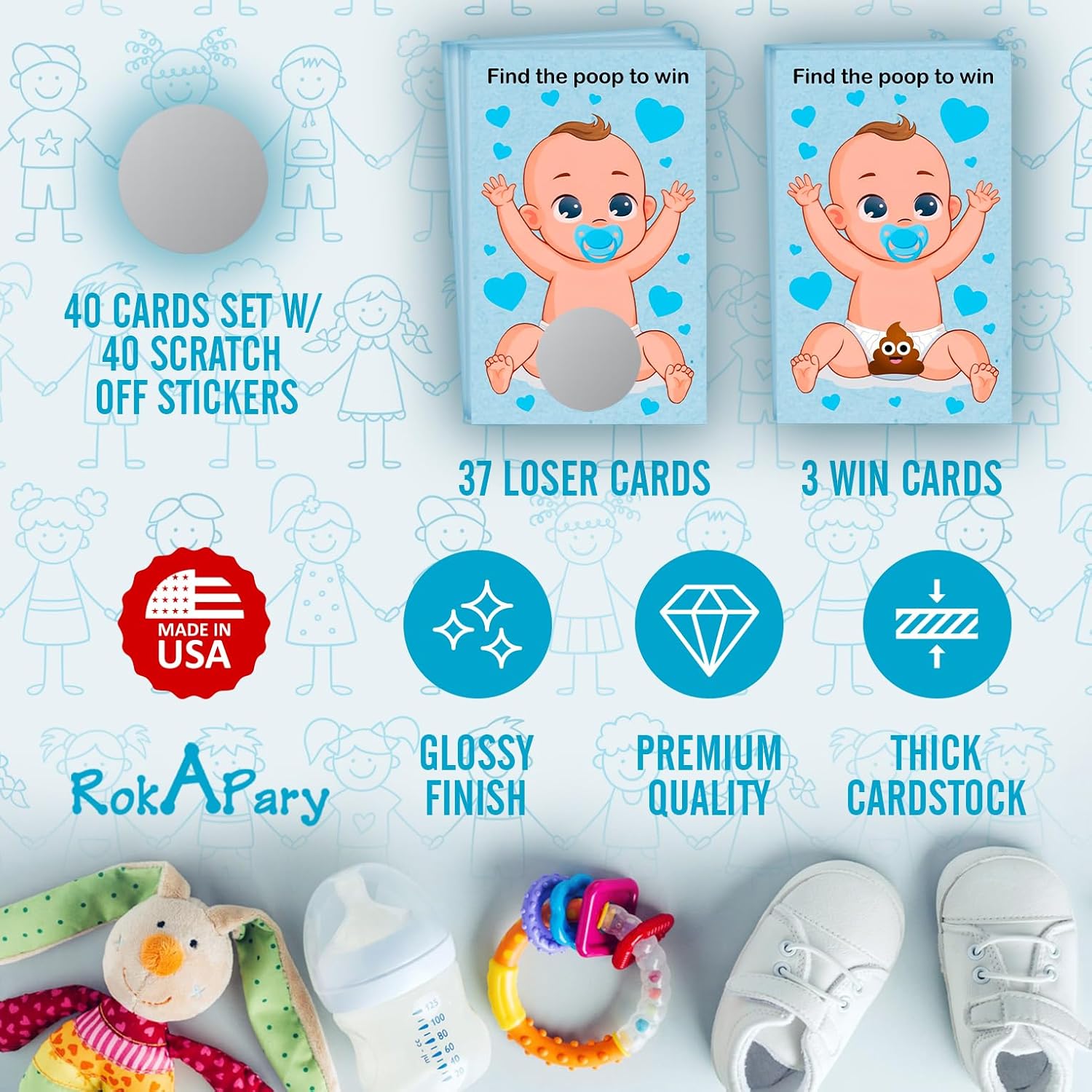 RokAPary Poopie Baby Shower Scratch Off Game for Boy, Find The Poop to Win Easy to Play Silly Games, Funny Idea, Ice Breaker Activity. DIY Raffle Cards, Blue Background, Set of 40 Cards Made in USA