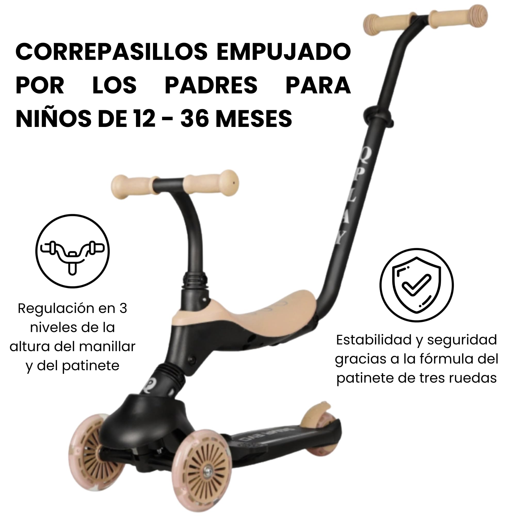 Qplay SEMA Patinete 3 en 1 para Niños, Correpasillos y Patinete Evolutivo, Modo Empuje Parental, Manillar Ajustable, Ruedas de Goma Sin Pinchazos, Freno Trasero, 36-72 Meses