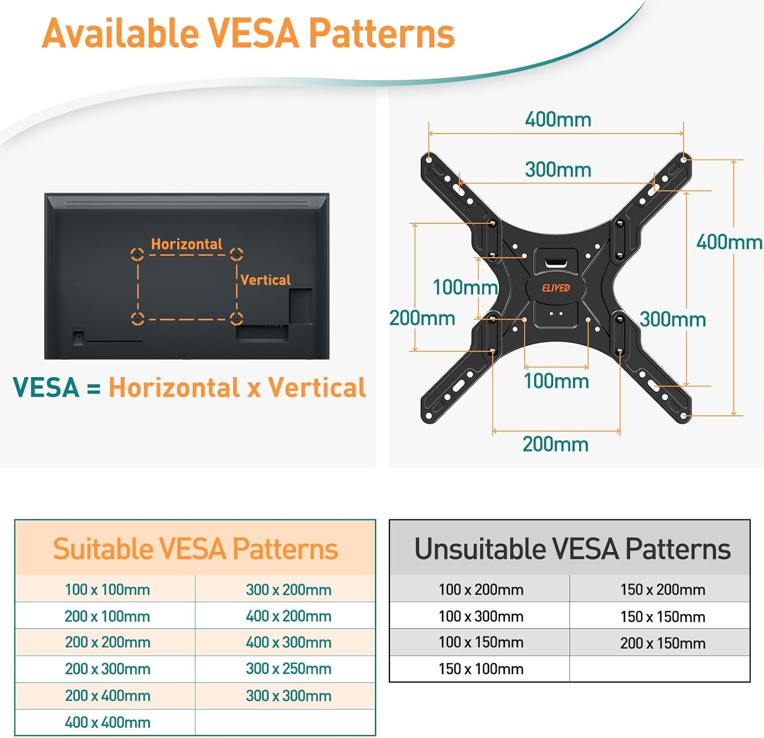 ELIVED Support mural TV à bras long de 950 mm pour téléviseurs de 26 à 65" | Support TV d'angle extensible, max. VESA 400 x 400 mm, supporte jusqu'à 35 kg, EV3018