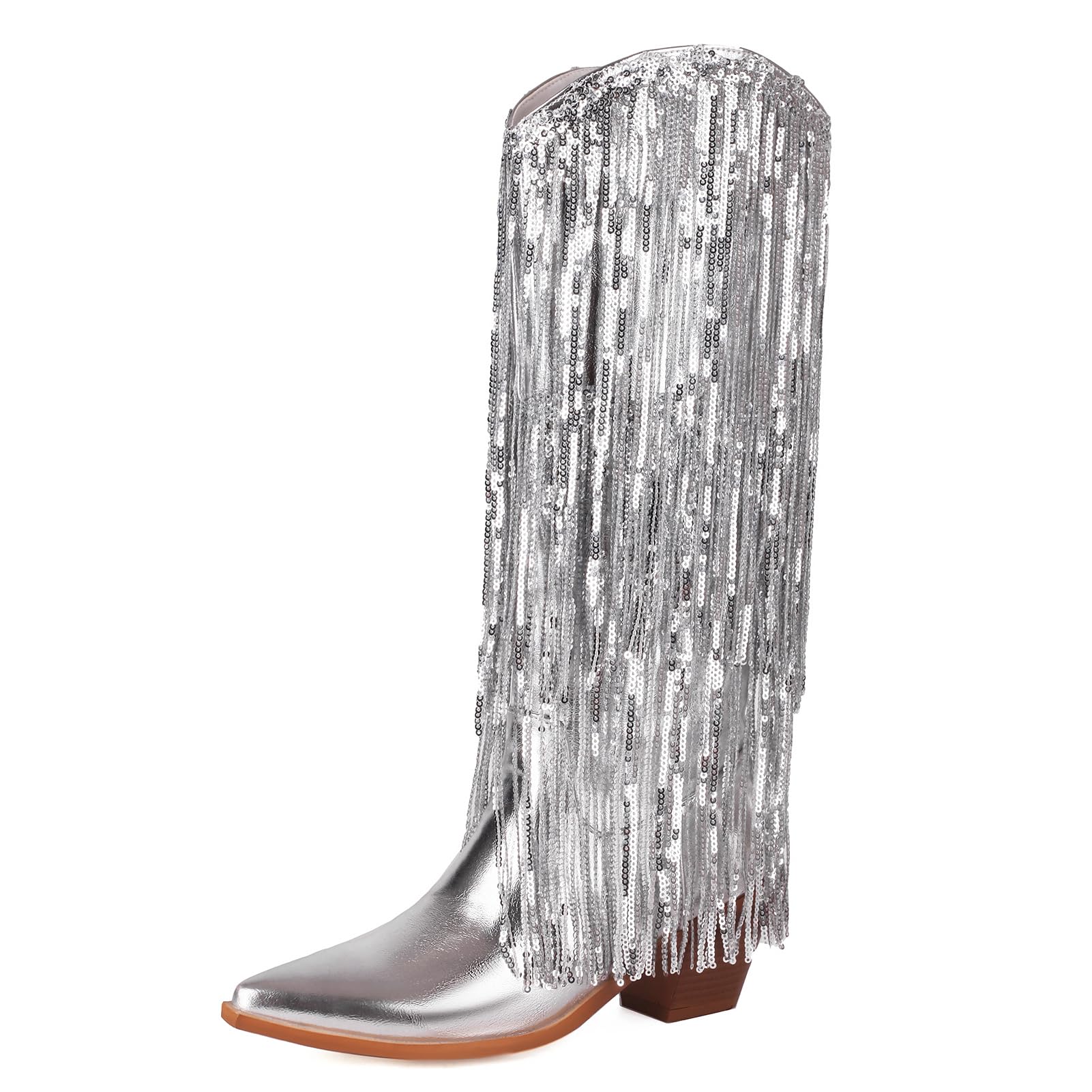 Voviggiw Women Metallic Fringe Knee High Cowboy Boots with Tassel Party  Country Concert Sequin Boots Sparkly Western Boots