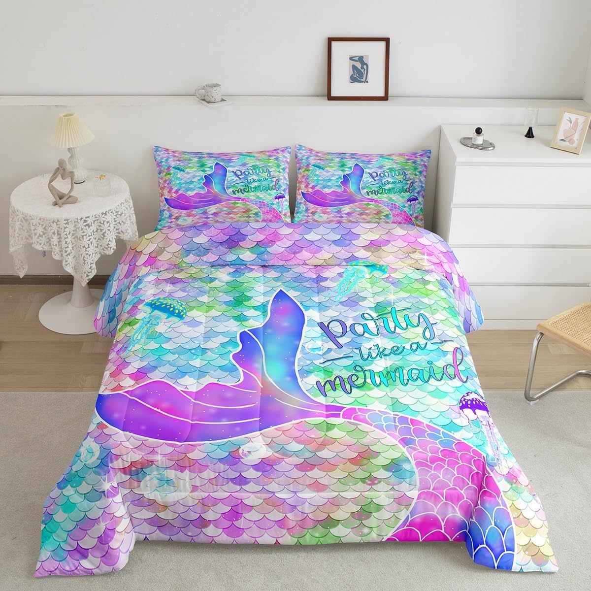 Erosebridal Black Mermaid Bedding Twin Black Girl Comforter Ocean Theme Quilt Seashell Conch Starfish Duvet Green Mermaid Scale Bed Set Magic Sea life Decor for Kids Girls Toddler Bedroom 2 Piece Blue