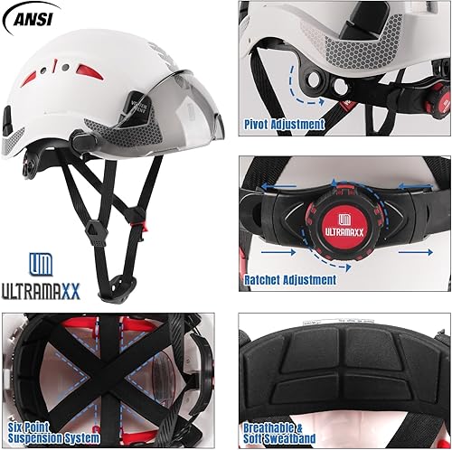 Miniatura 6 de UM ULTRAMAXX Casco de seguridad, aprobado por ANSI Z89.1, casco de trabajo ligero ventilado, con suspensión de trinquete ajustable de 6 puntos,