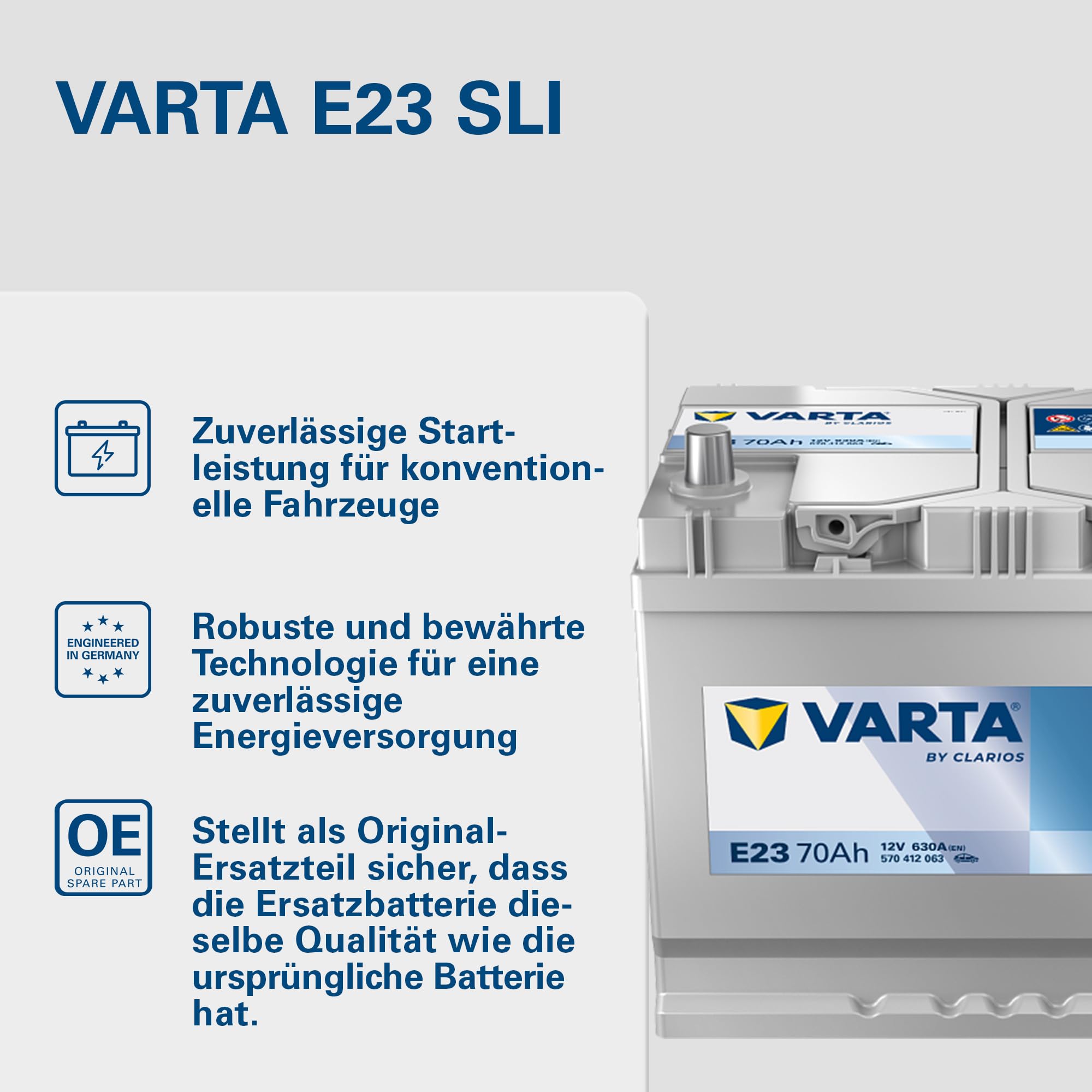 VARTA Automotive DYNAMIC SLI (E23) 12V 70Ah 630A - Nassbatterie KFZ mit Standardausstattung & ohne Start-Stopp System - Starterbatterie für einfachen Energiebedarf - Bleisäurebatterie wartungsfrei