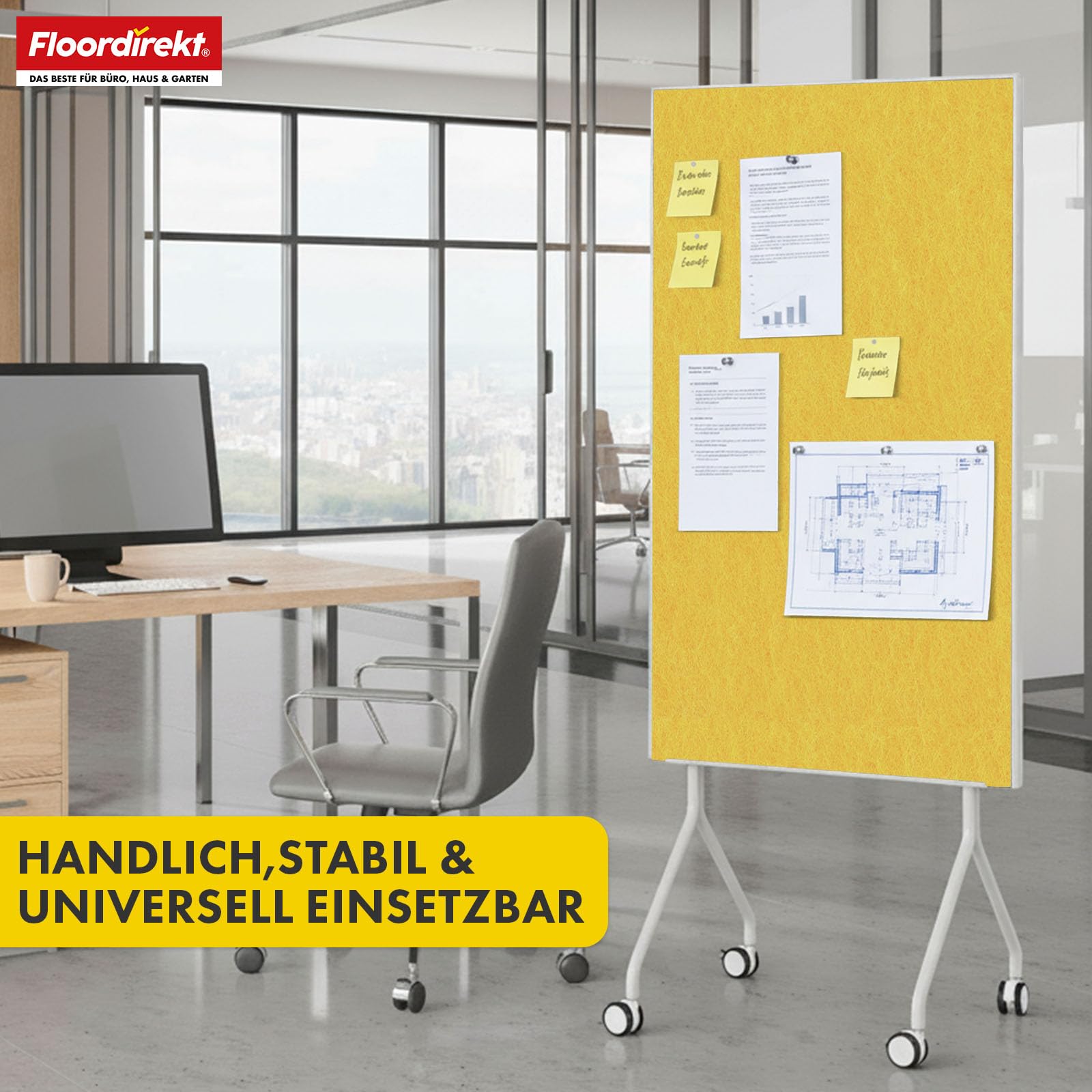 Floordirekt Moderationwand Doppelseitig 80 x 120 cm Präsentationstafel mit feststellbaren Rollen - Filztafel Pinnwand - Stabiler Metallrahmen - Giant (Gelb)