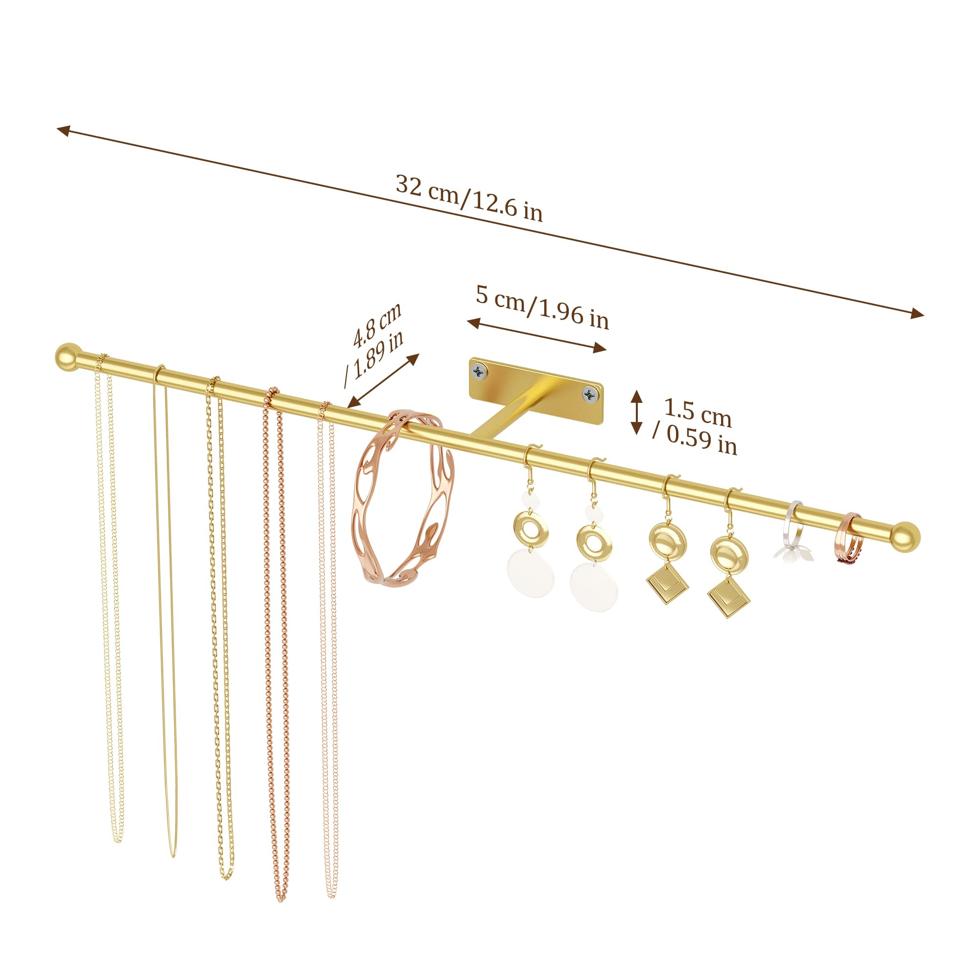 Josmimic Organisateur de bijoux mural : support de collier de 35 cm pour boucles d'oreilles, bracelets, bagues, bandeaux, lunettes, doré, lot de 2, vis incluses