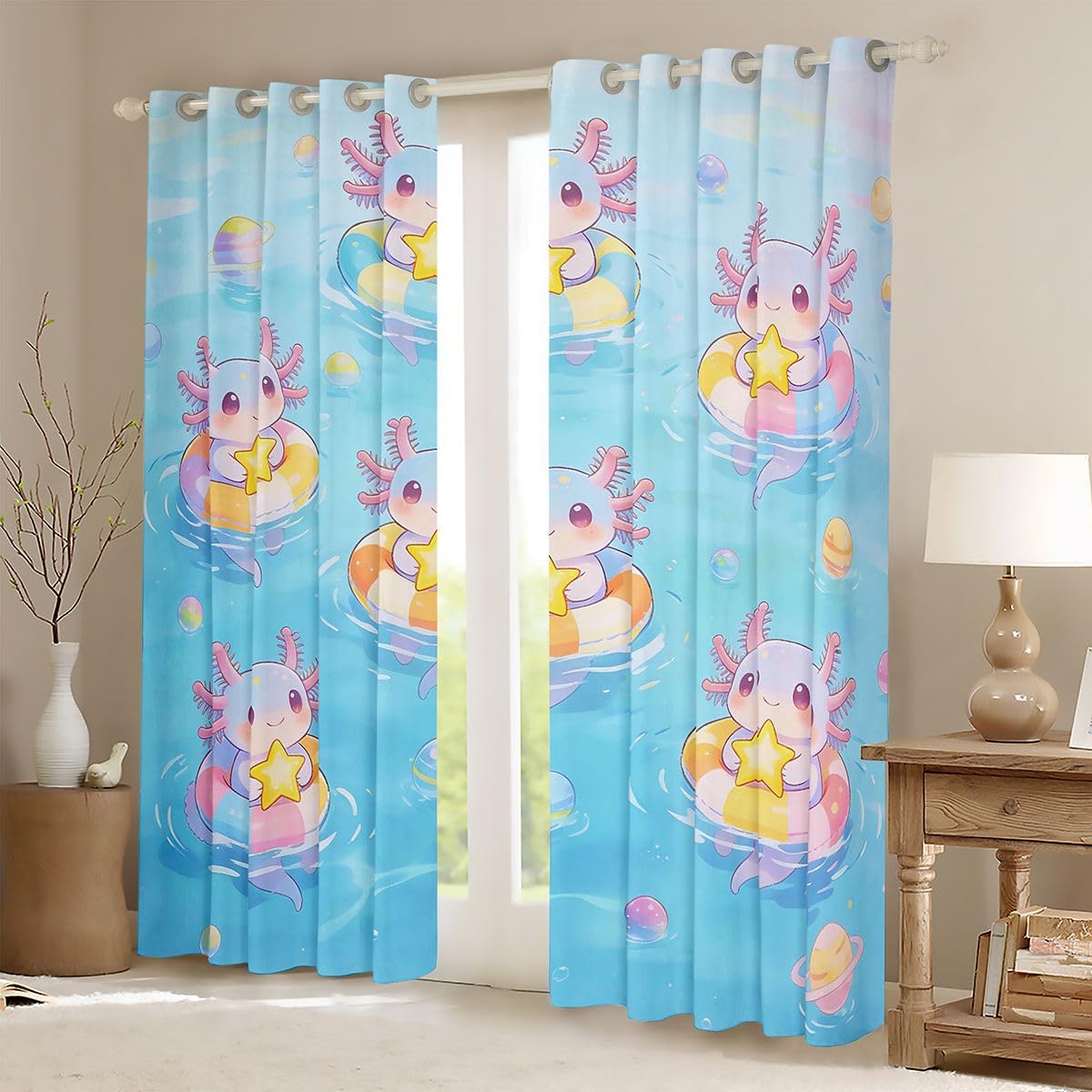 Homemissing Tende oscuranti Axolotl carine con cartone animato salamandra tende oscuranti per camera da letto soggiorno decorazioni Kawaii oceano vita marina tonalità isolanti termiche trattamenti per