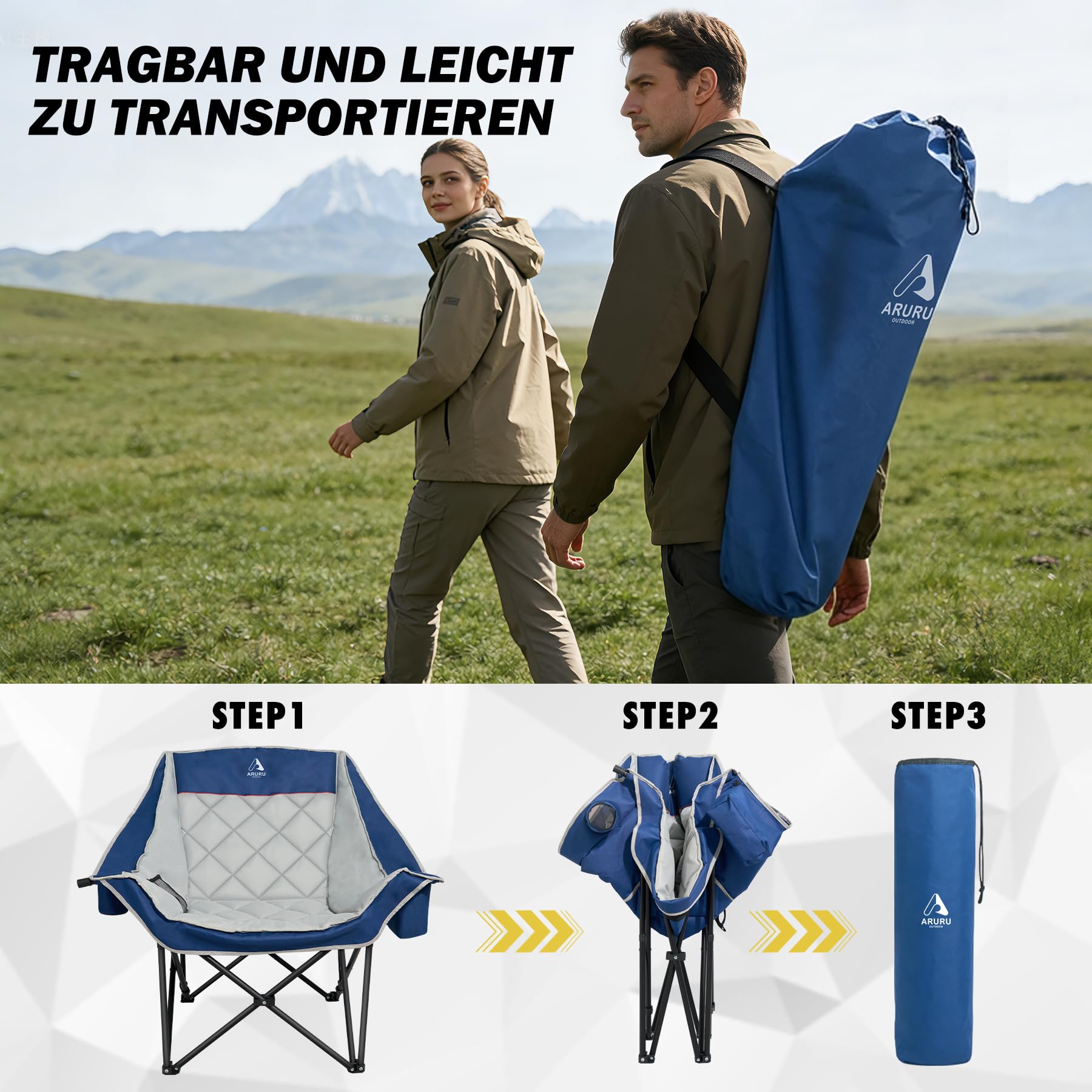 Campingstuhl bis 200KG Gepolstert Armlehnen XL Outdoorstuhl Klappstuhl Campingsofa mit Getränkehalter Kühltasche Hoher Rückenlehne