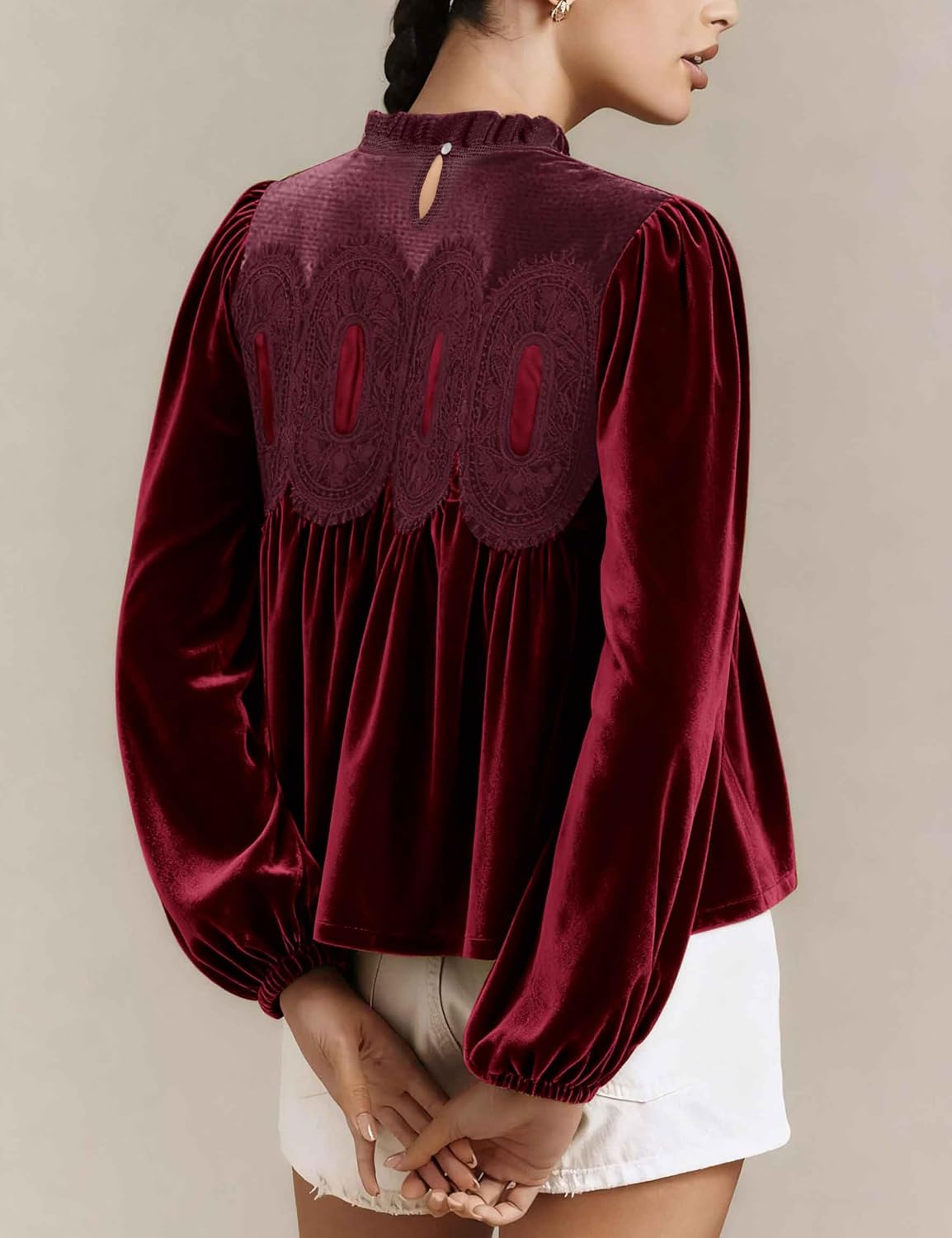 Velvet Tops for Women Lace Trim Long Sleeve Blouse Elegant Flared Crew Neck Loose Fit Ruffle Flowy Babydoll Shirts - Image 2