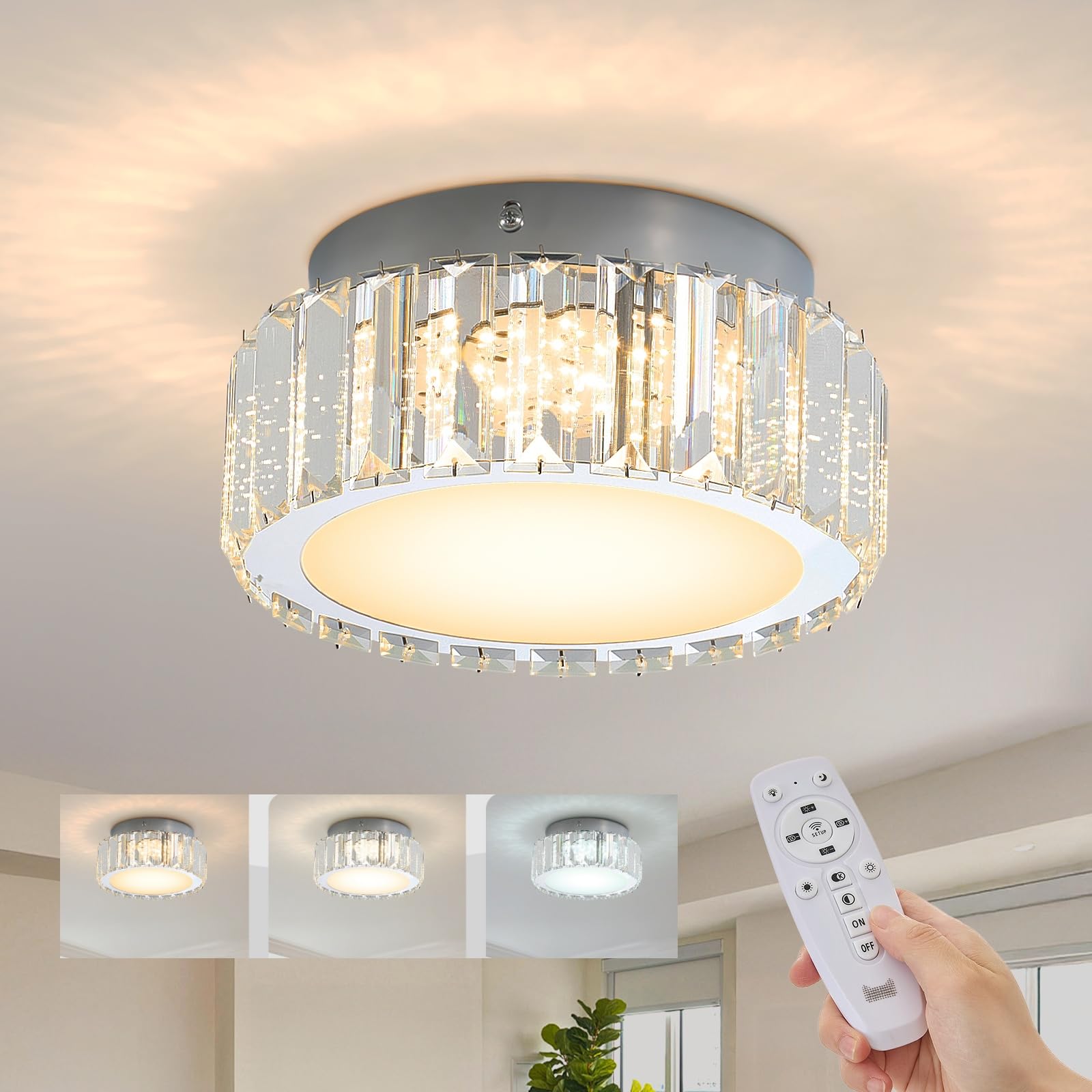 Warmiehomy Small Crystal Ceiling Light,20cm Dimmable Modern LED Crystal Ceiling Lamp with Remote Control,18W Semi Flush Mount Ceiling Lighting for Living Room Kitchen Hallway